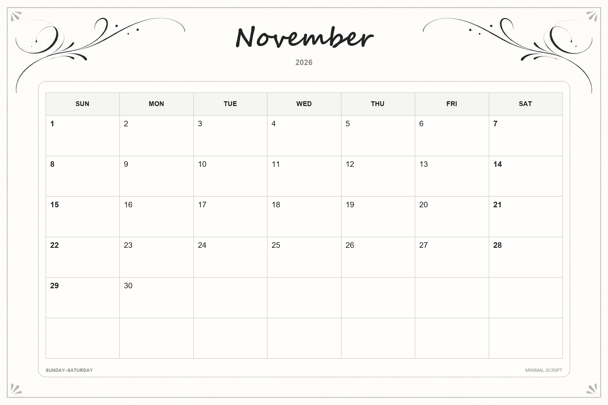 Calendrier de novembre 2026 à imprimer : Écriture minimaliste
