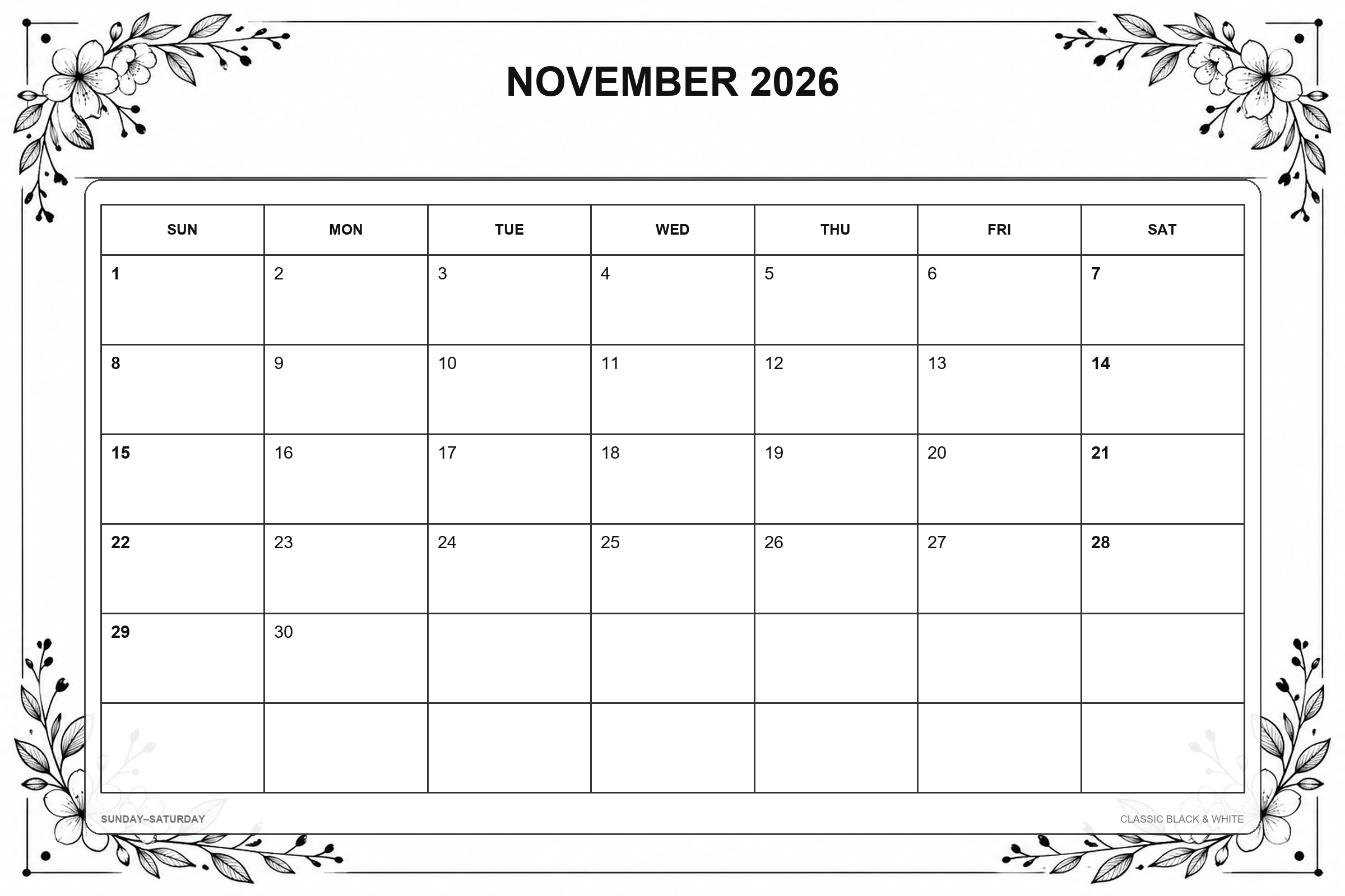 Calendrier de novembre 2026 à imprimer : Noir et blanc classique