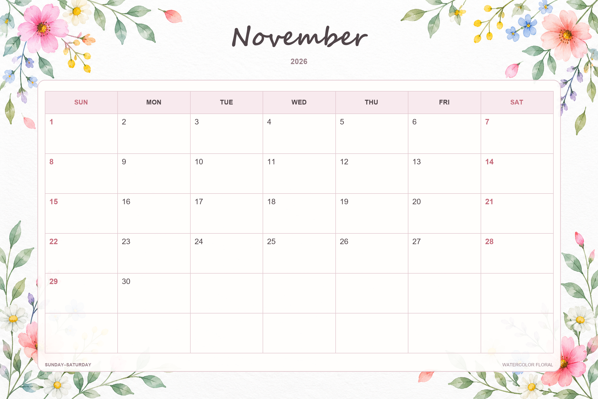 Calendrier de novembre 2026 à imprimer : Fleurs à l’aquarelle