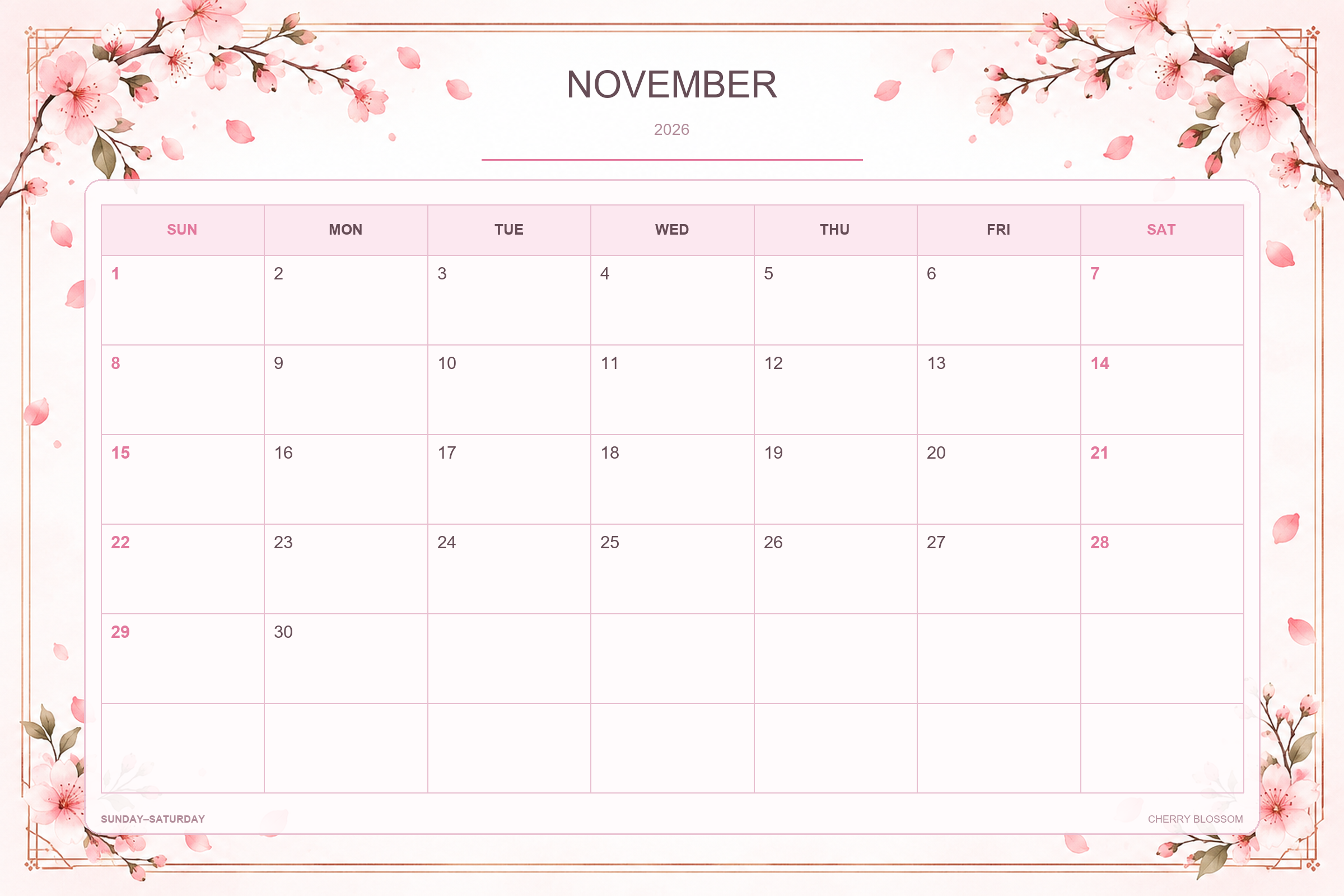 Calendrier de novembre 2026 à imprimer : Fleurs de cerisier