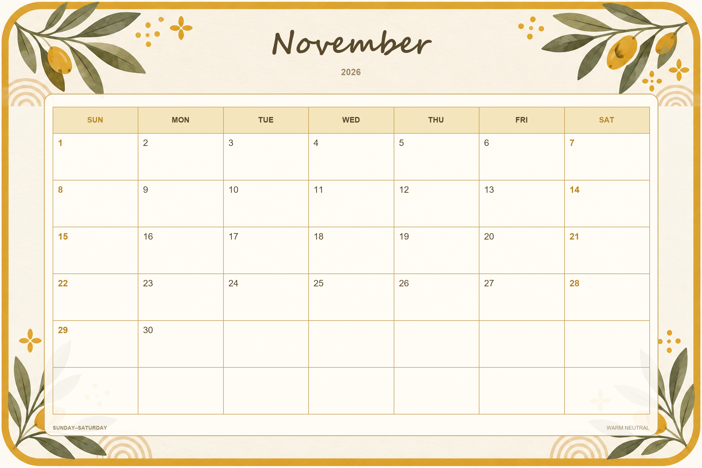 Calendrier de novembre 2026 à imprimer : Tons neutres chaleureux