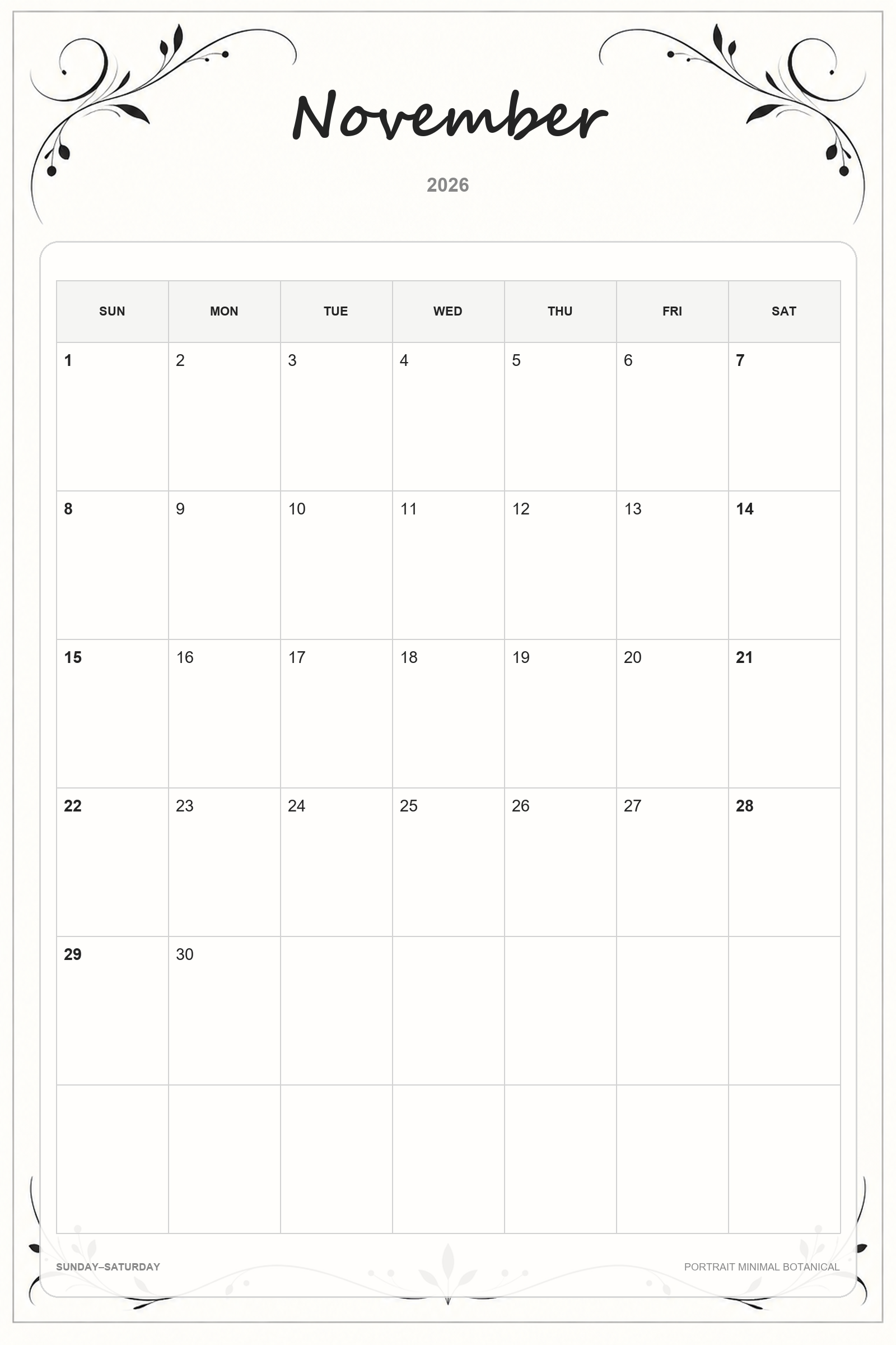 Calendrier de novembre 2026 à imprimer : Botanique minimaliste en portrait