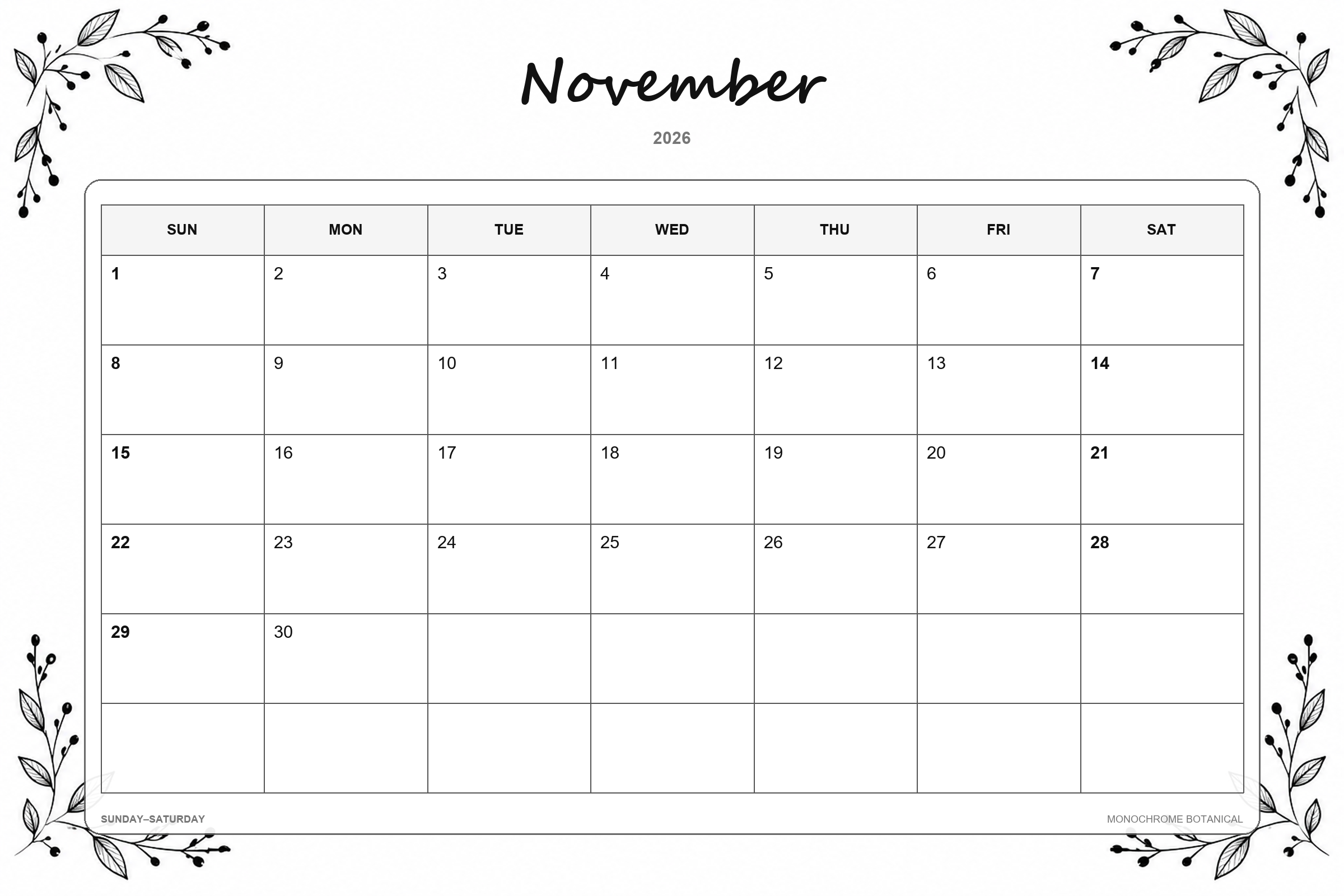 Calendrier de novembre 2026 à imprimer : Botanique monochrome
