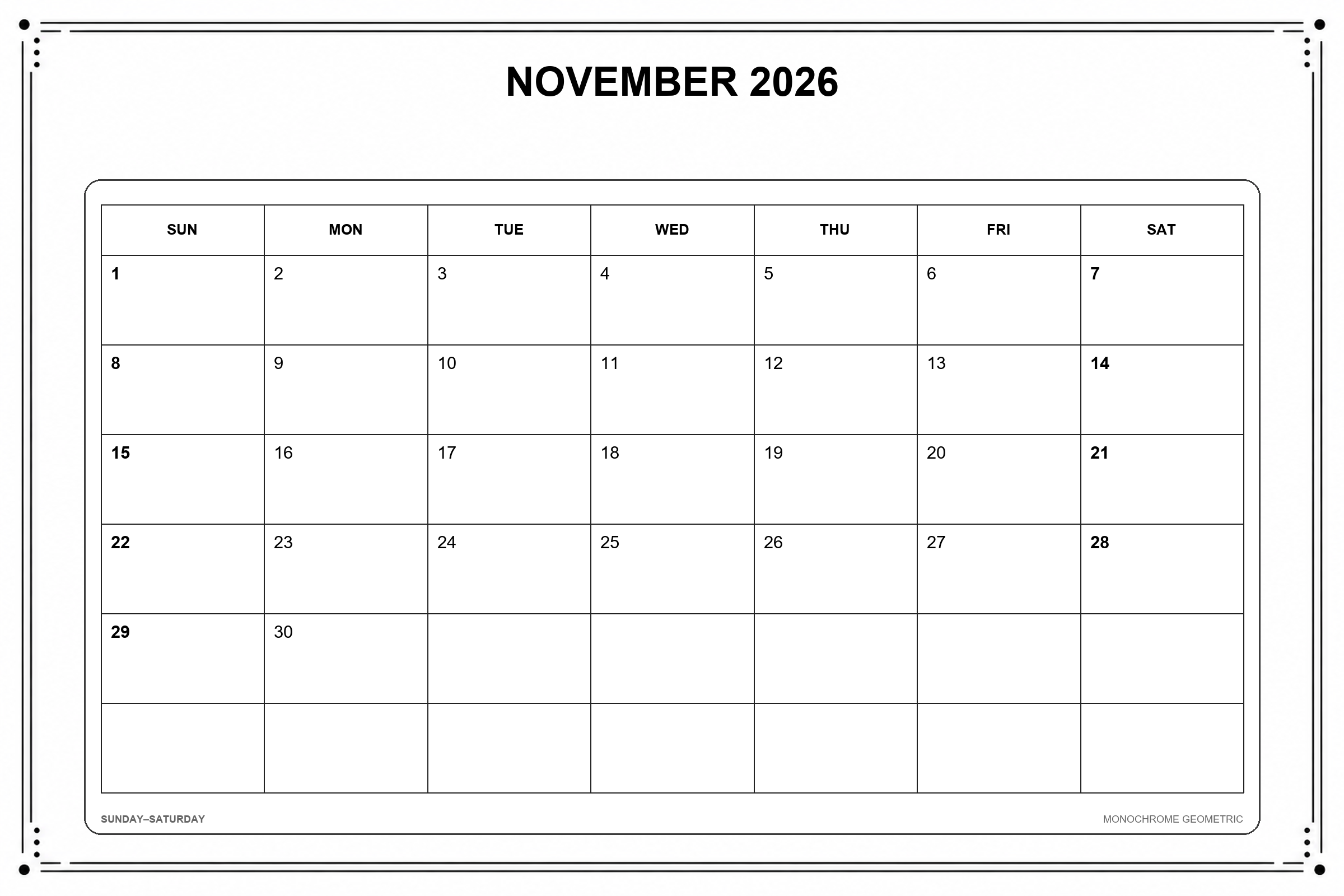 Calendrier de novembre 2026 à imprimer : Géométrie monochrome