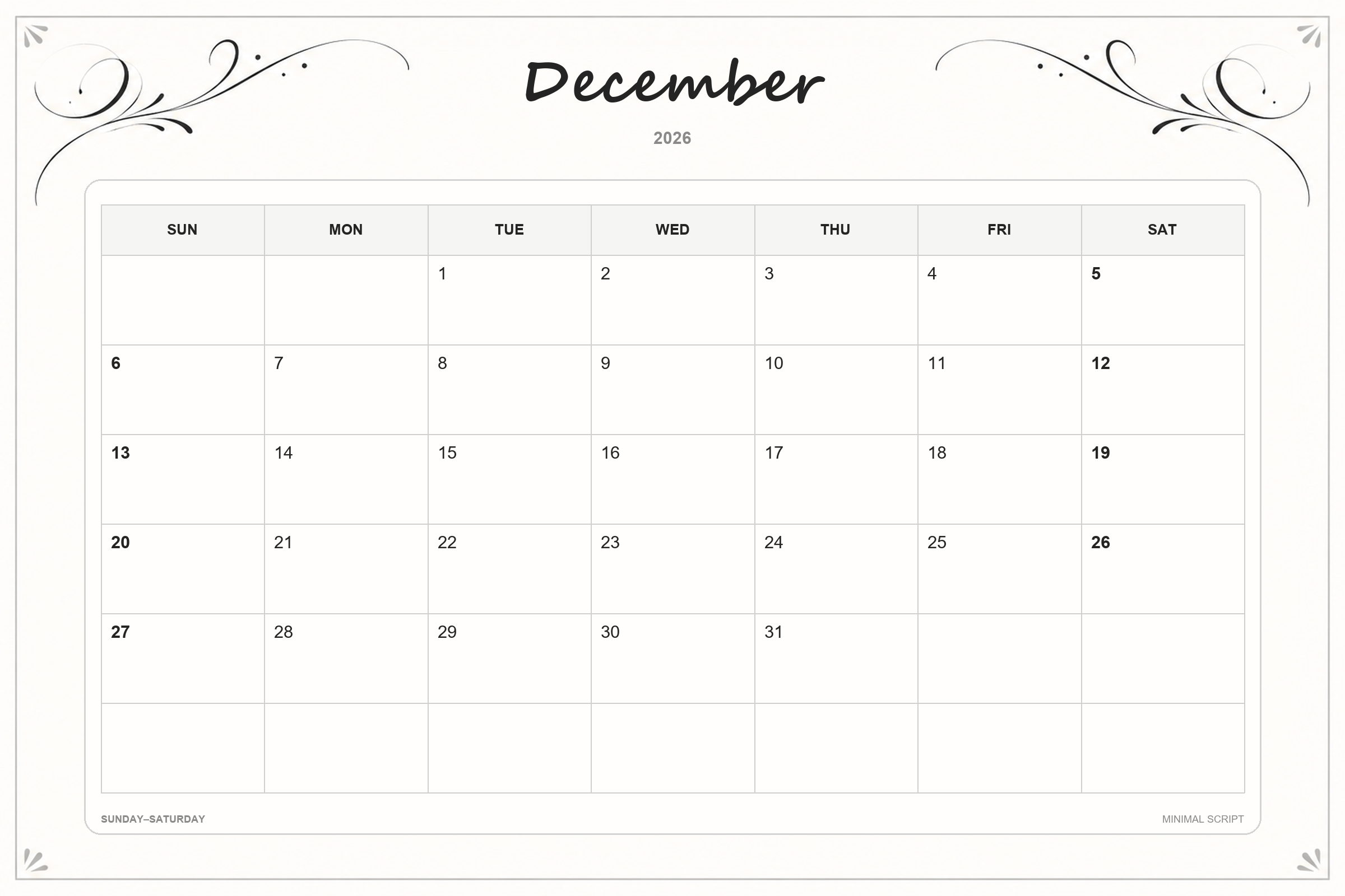 Calendrier de décembre 2026 à imprimer : Écriture minimaliste