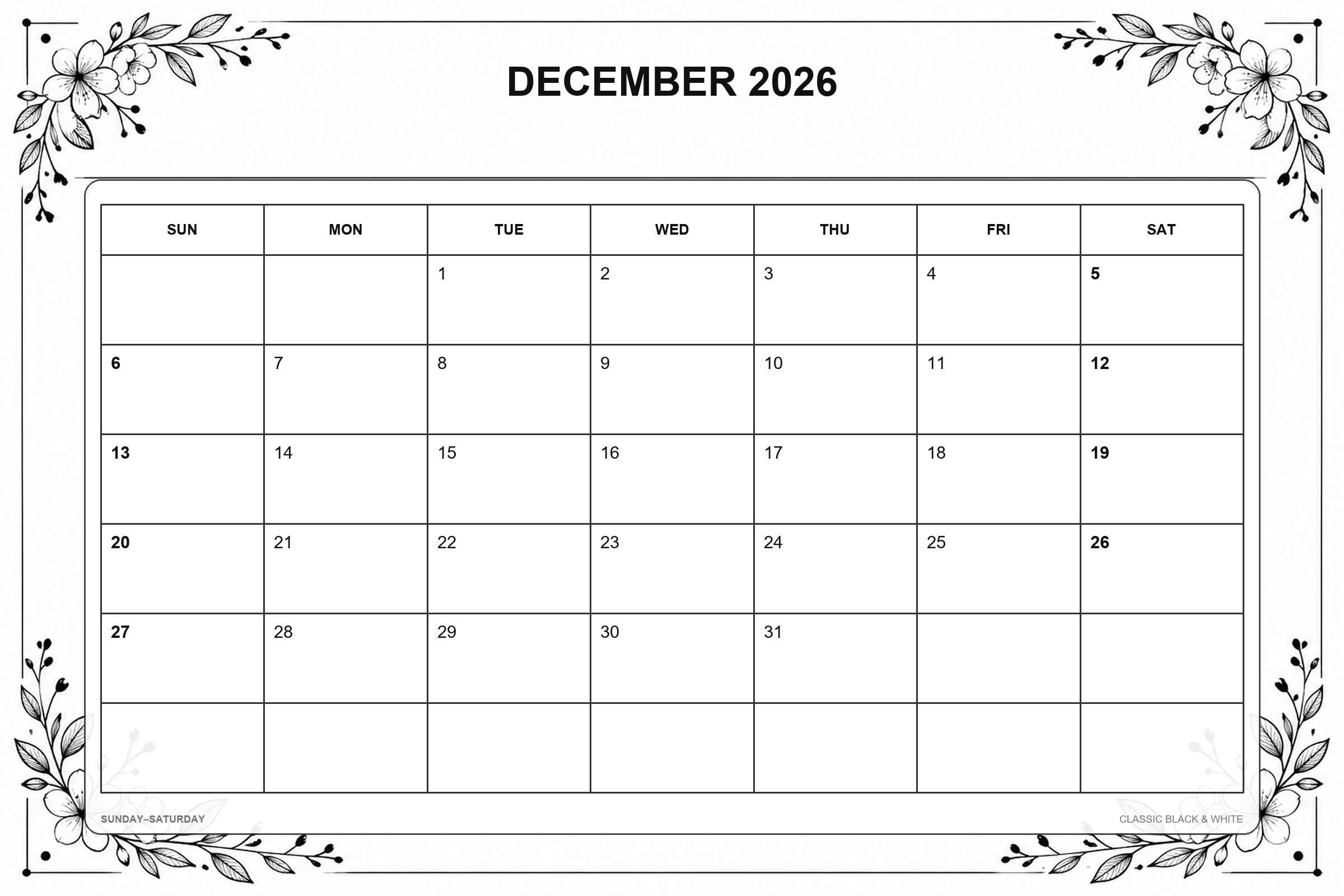 Calendrier de décembre 2026 à imprimer : Noir et blanc classique