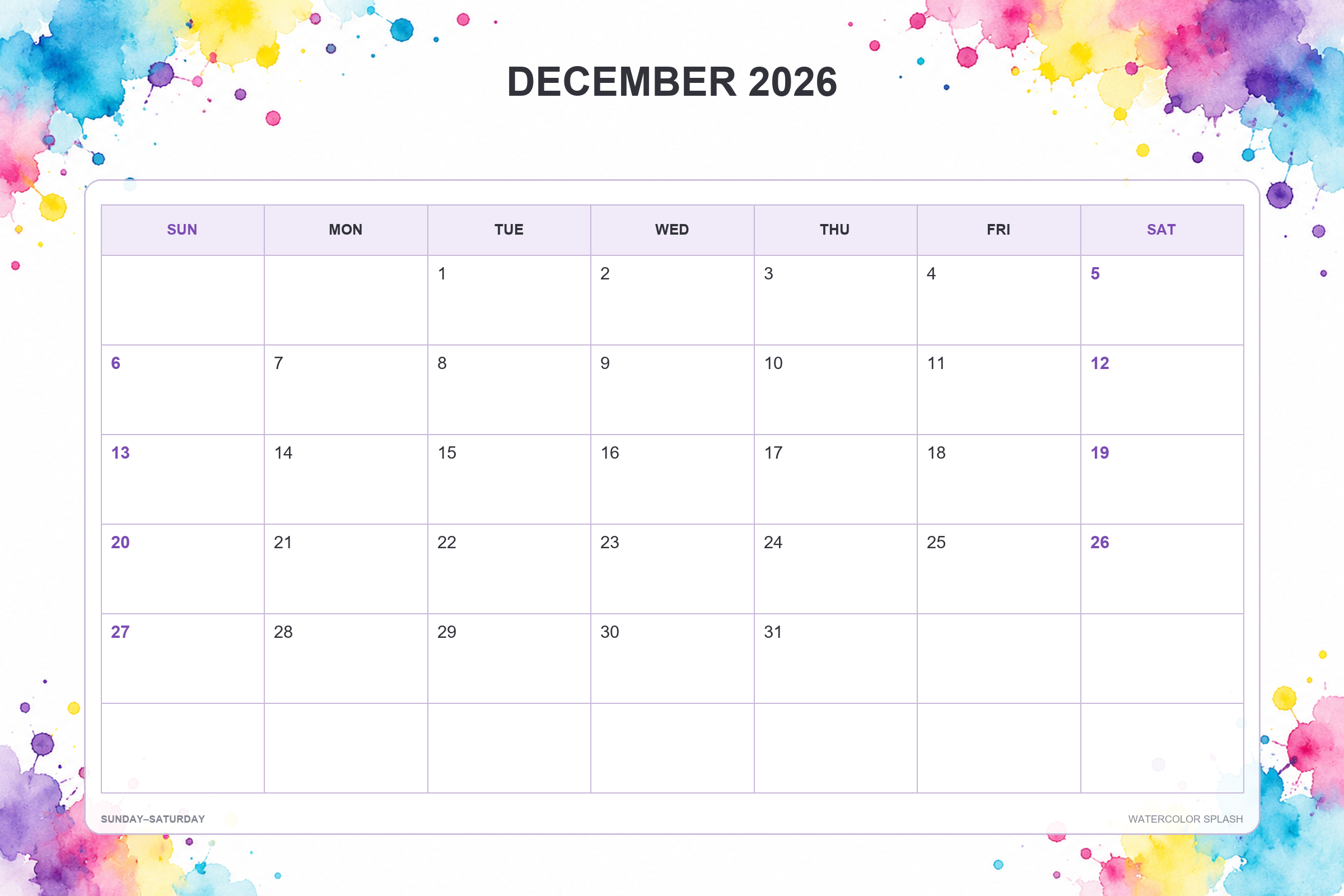 Calendrier de décembre 2026 à imprimer : Touches d’aquarelle