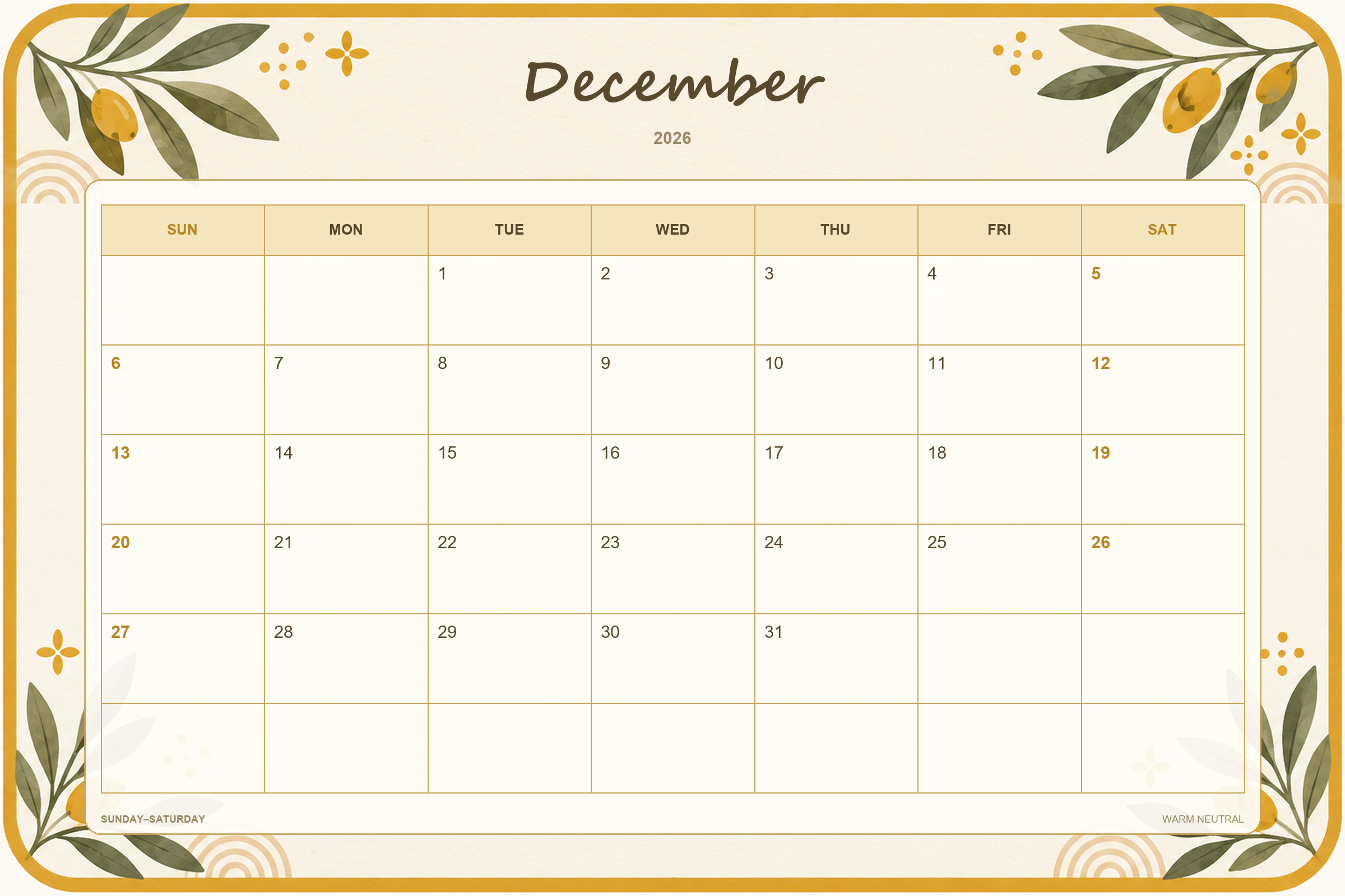 Calendrier de décembre 2026 à imprimer : Tons neutres chaleureux