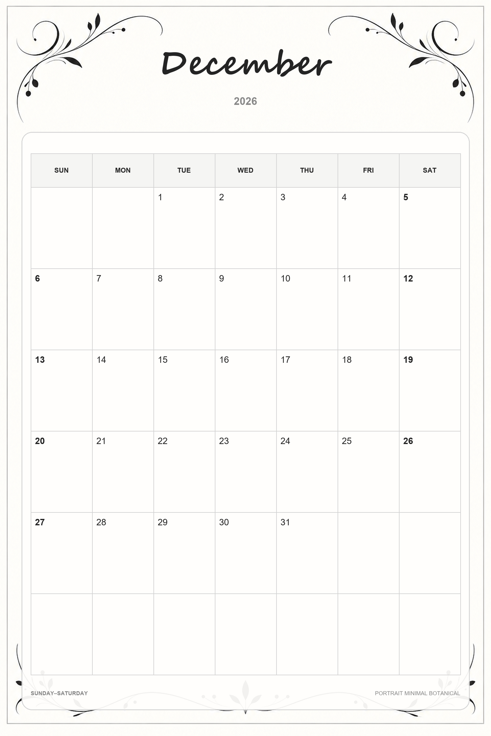 Calendrier de décembre 2026 à imprimer : Botanique minimaliste en portrait