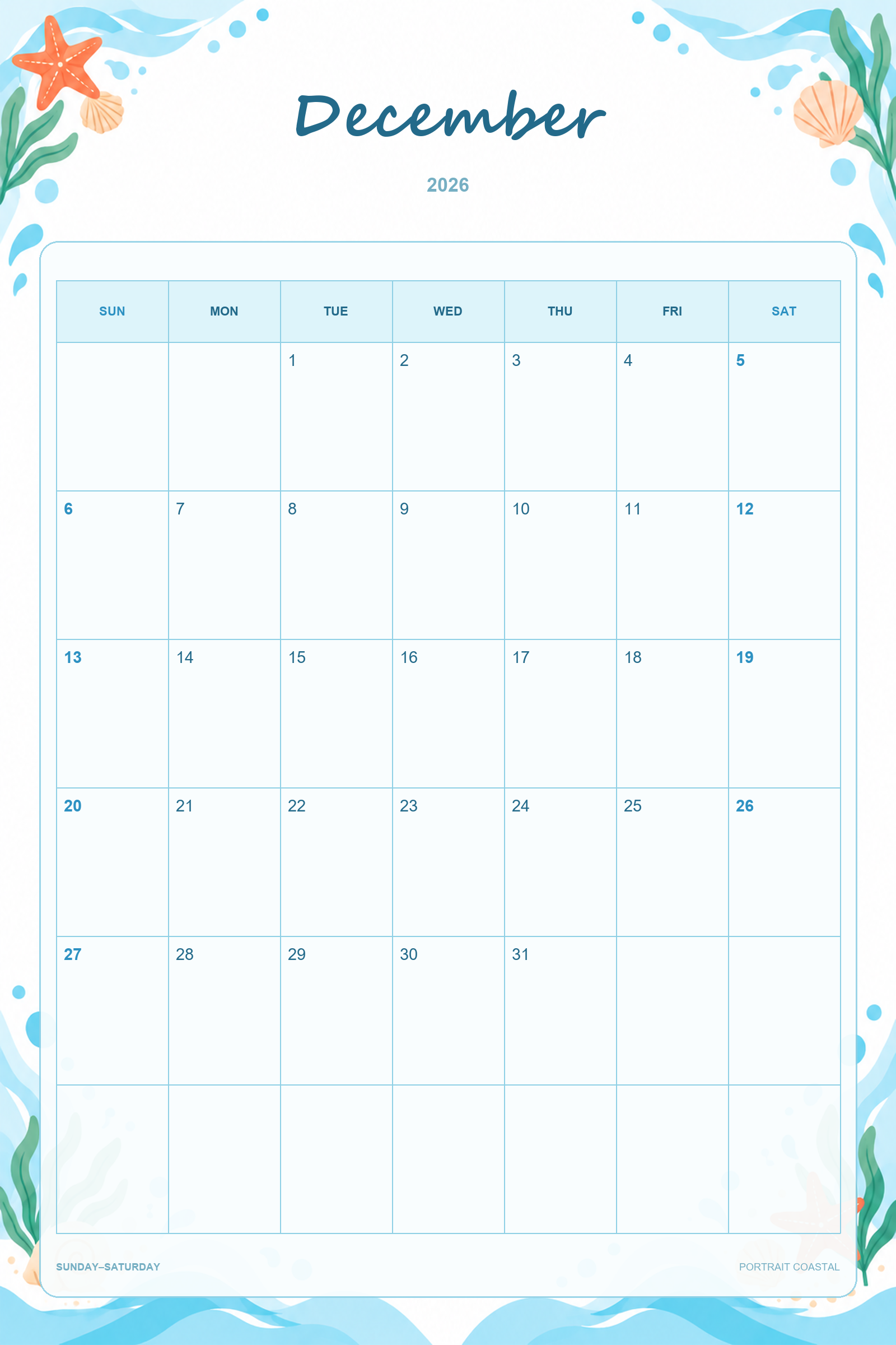 Calendrier de décembre 2026 à imprimer : Ambiance côtière en portrait