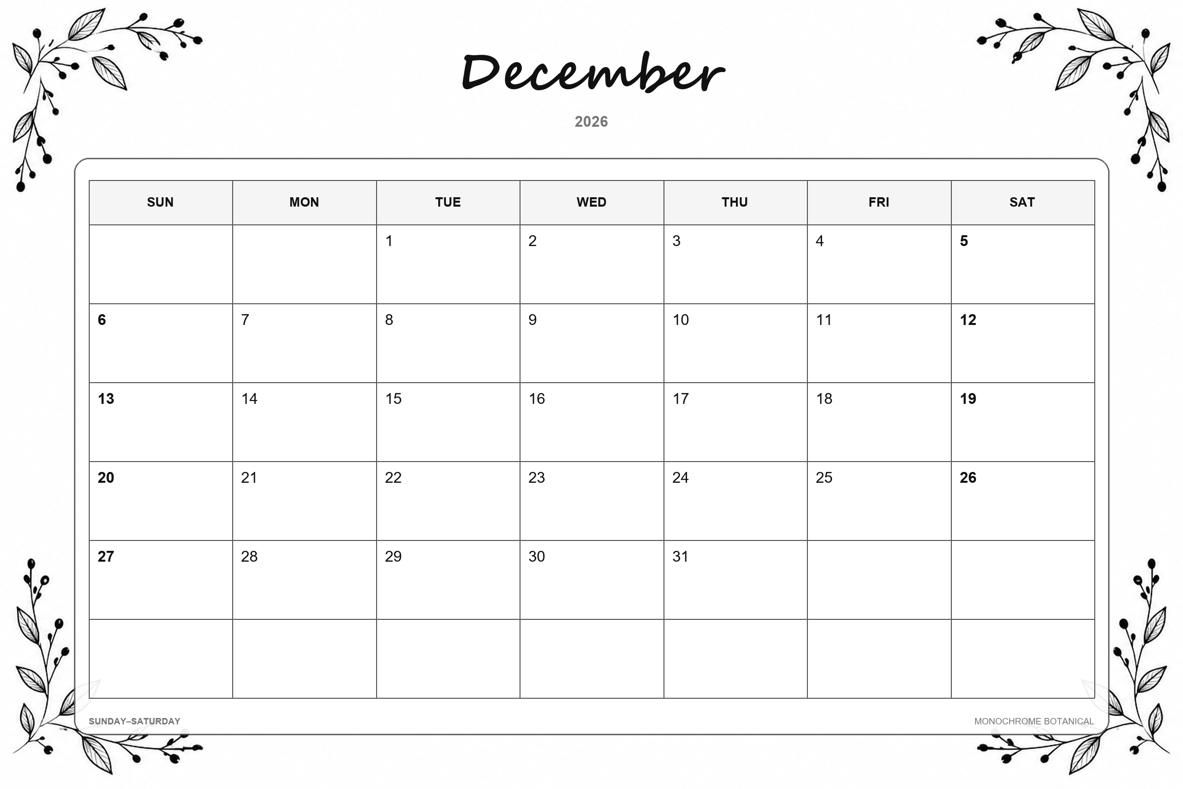 Calendrier de décembre 2026 à imprimer : Botanique monochrome
