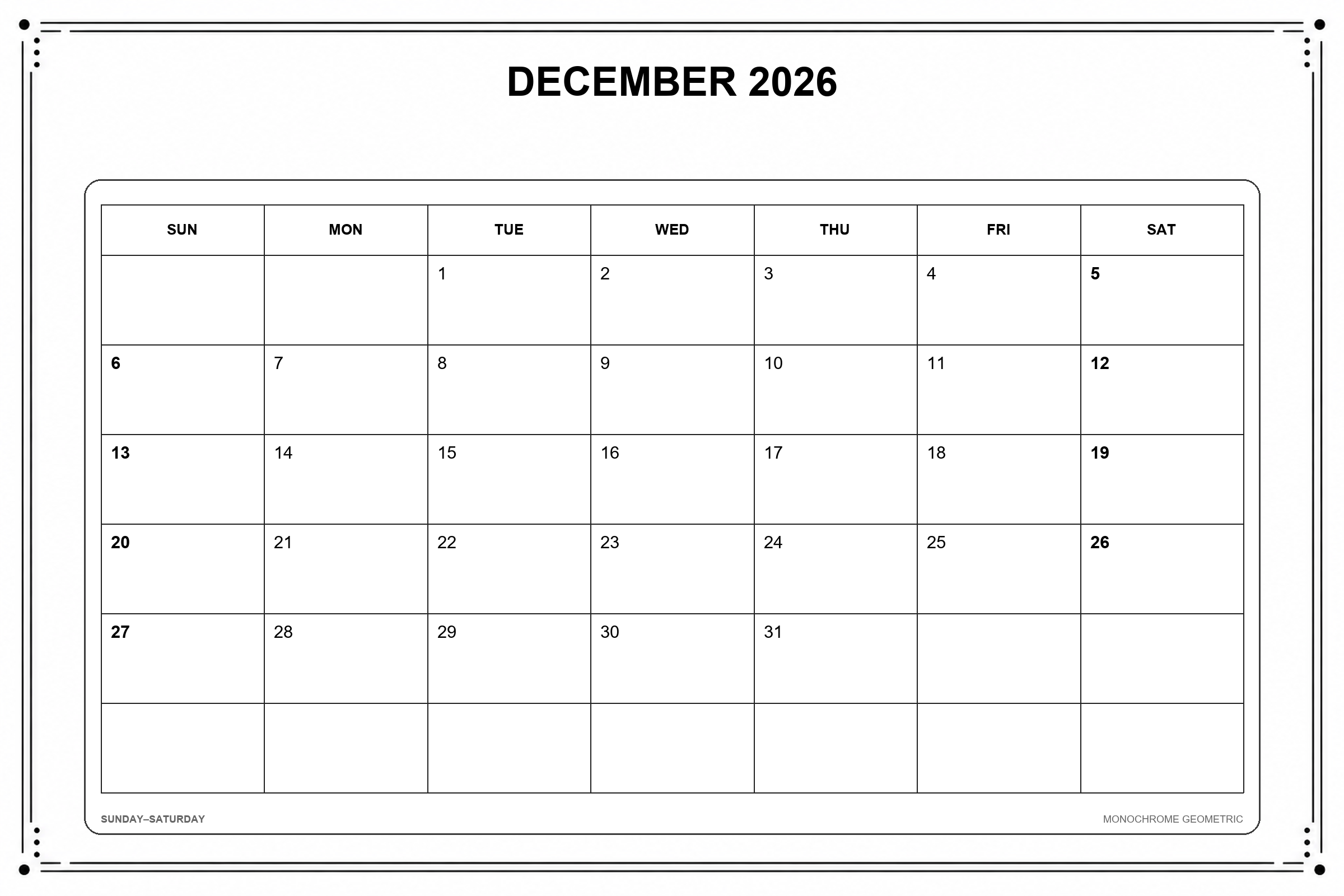 Calendrier de décembre 2026 à imprimer : Géométrie monochrome
