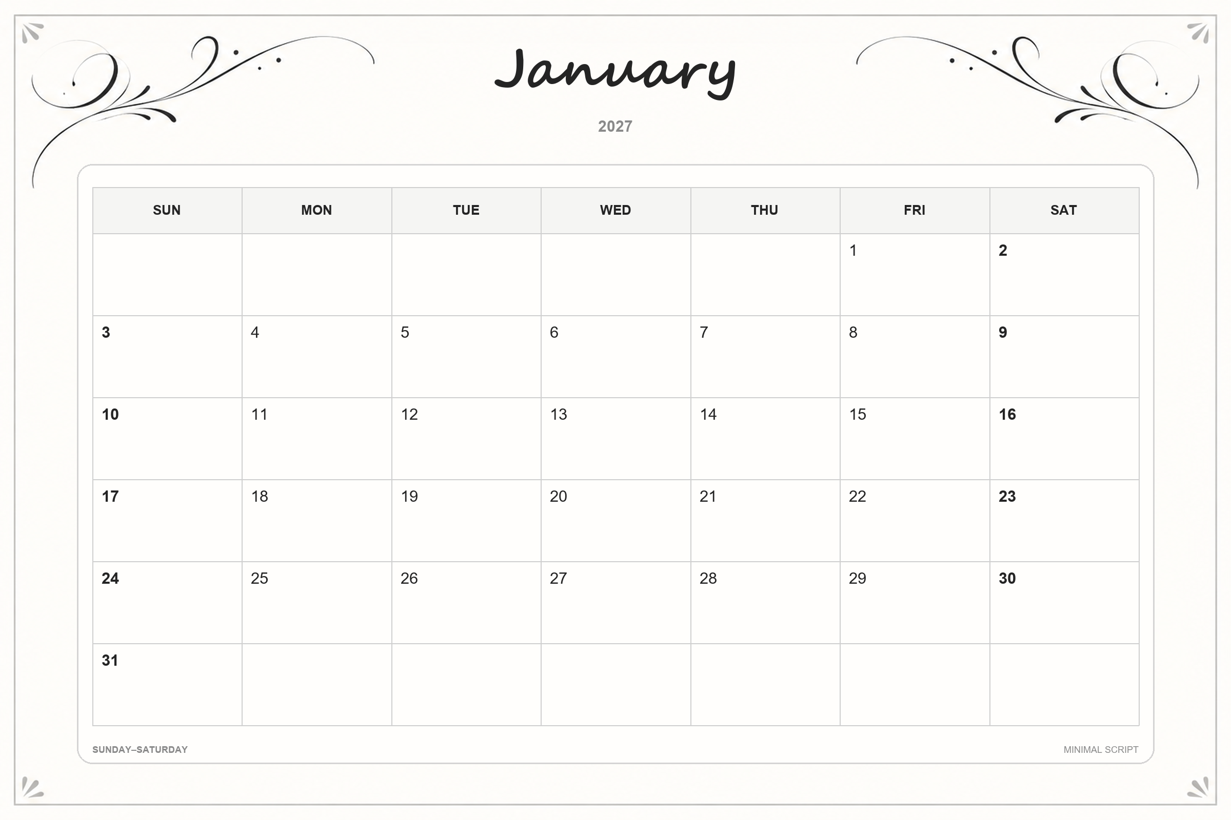 Calendrier de janvier 2027 à imprimer : Écriture minimaliste