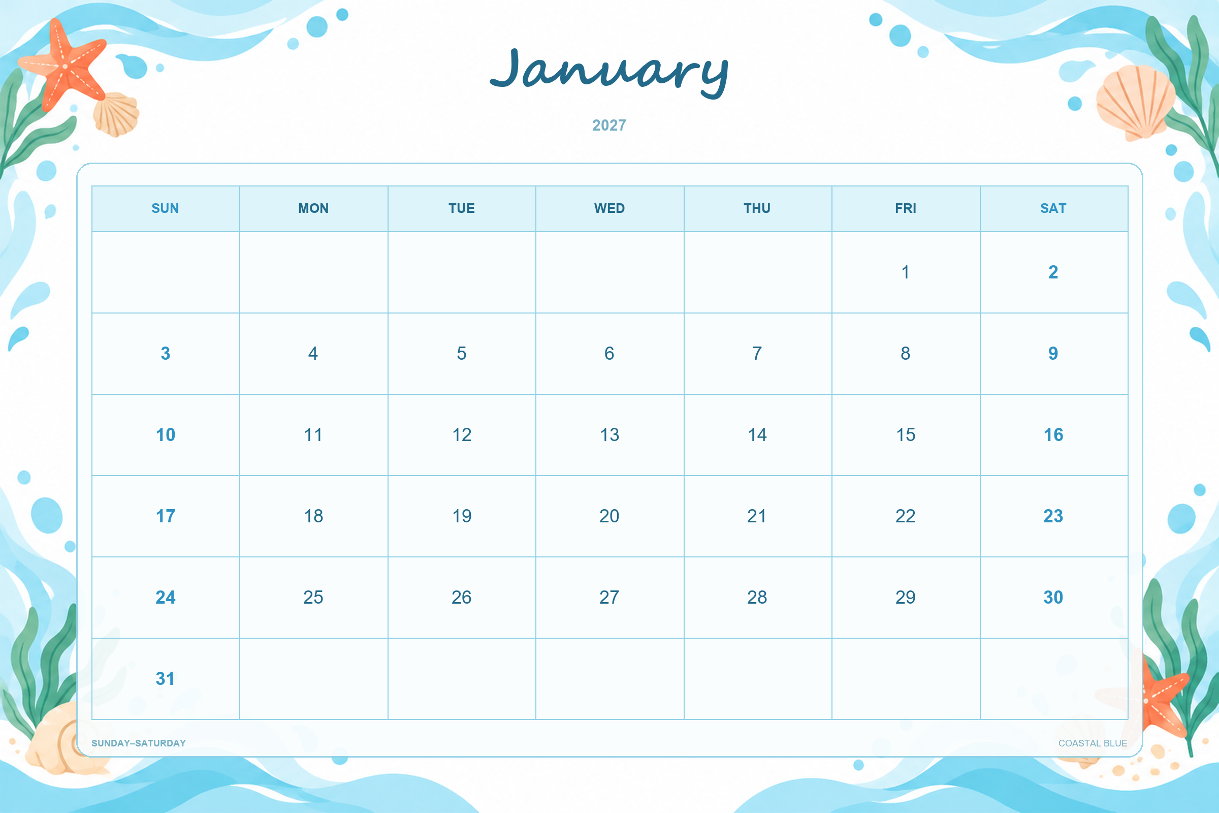 Calendrier de janvier 2027 à imprimer : Bleu côtier