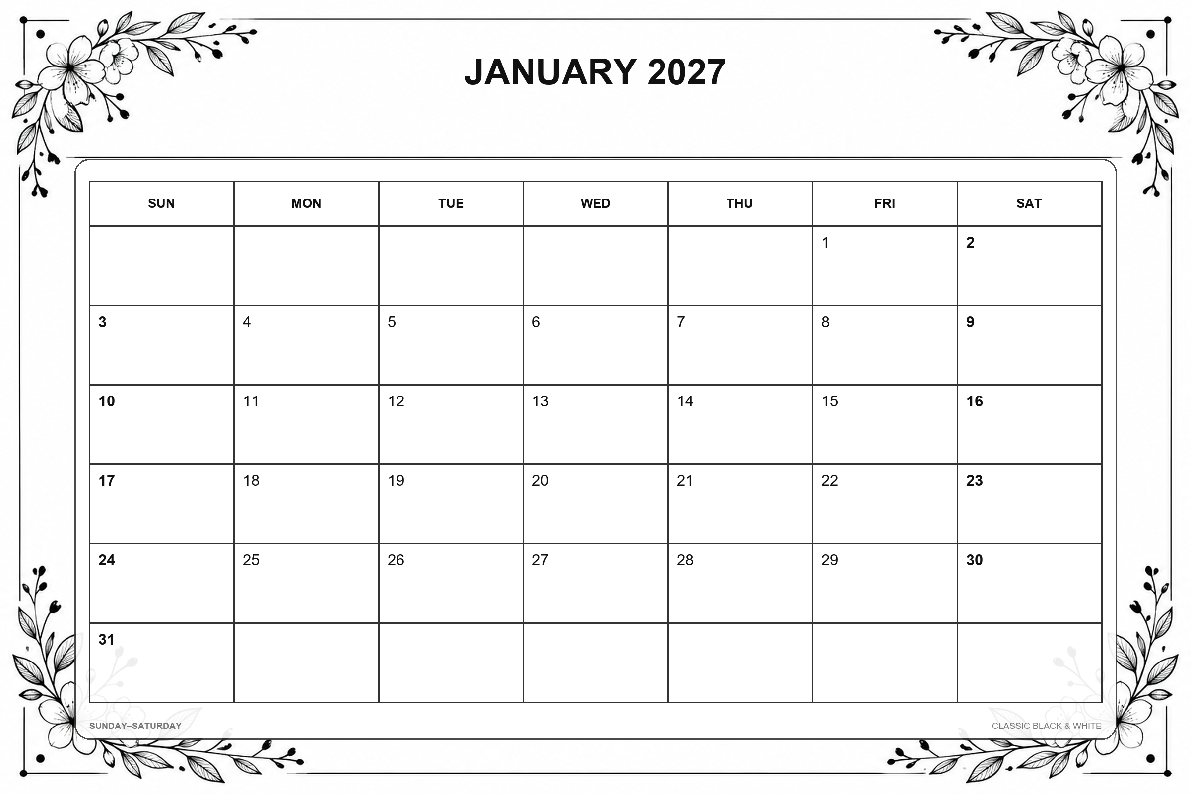 Calendrier de janvier 2027 à imprimer : Noir et blanc classique