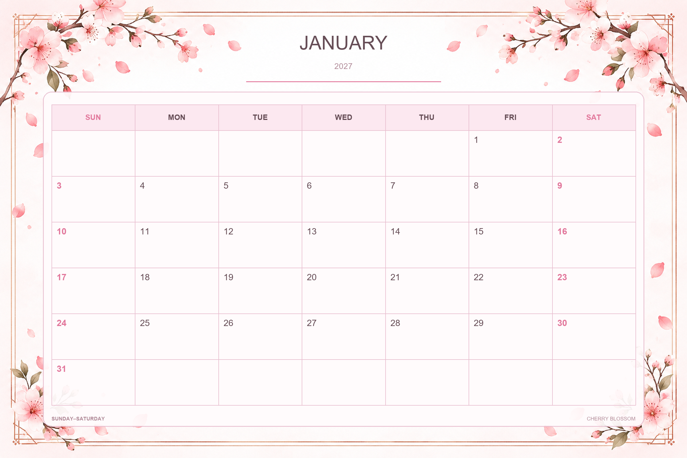 Calendrier de janvier 2027 à imprimer : Fleurs de cerisier