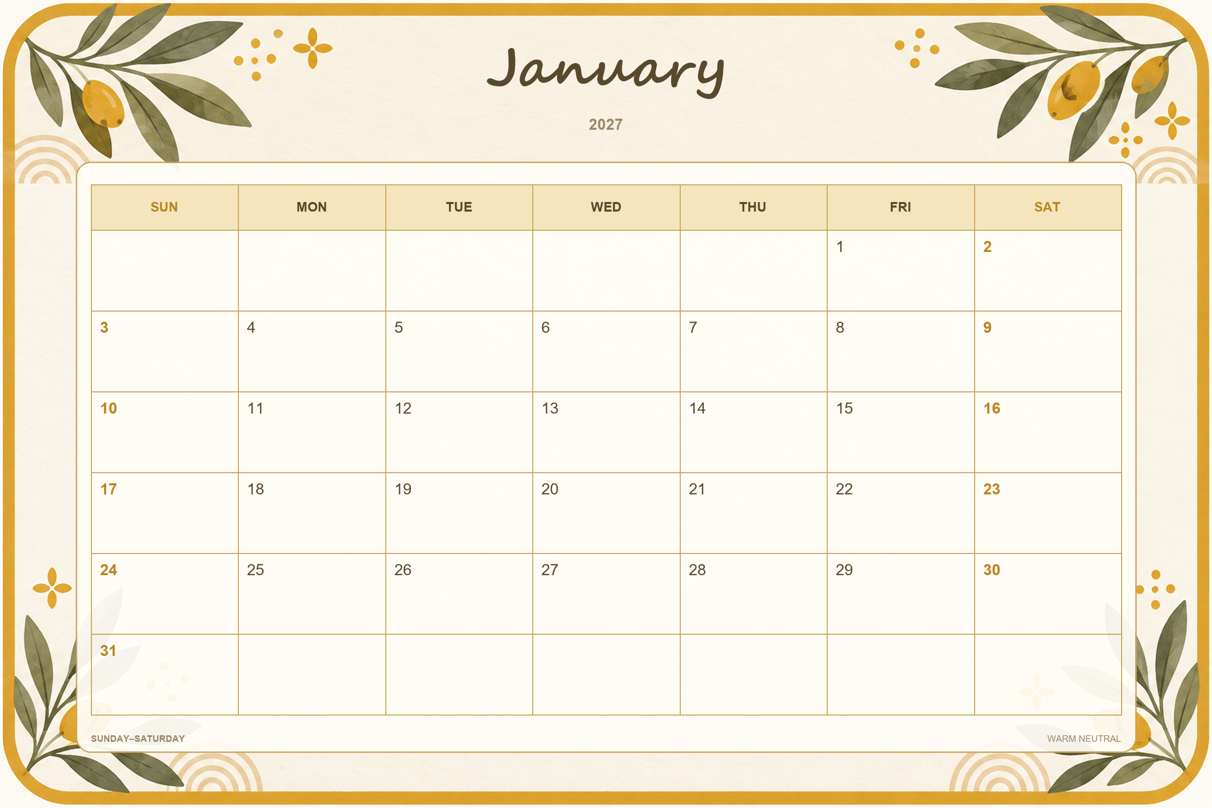 Calendrier de janvier 2027 à imprimer : Tons neutres chaleureux
