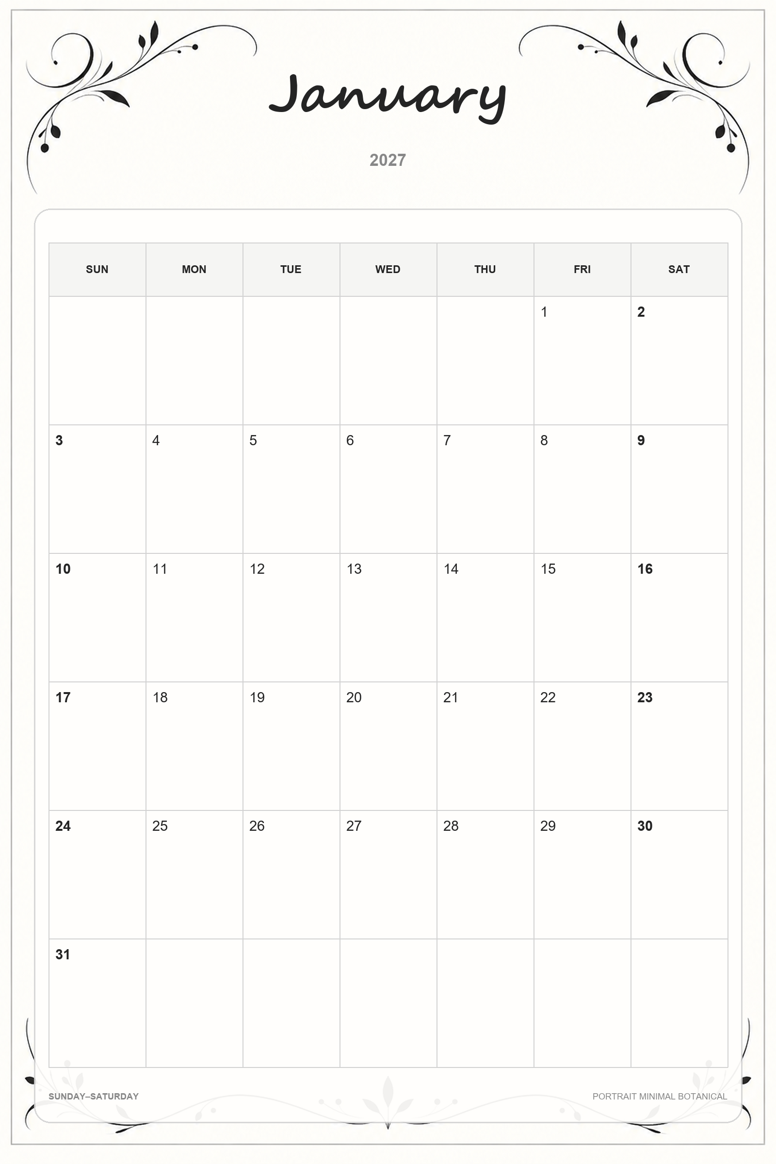 Calendrier de janvier 2027 à imprimer : Botanique minimaliste en portrait