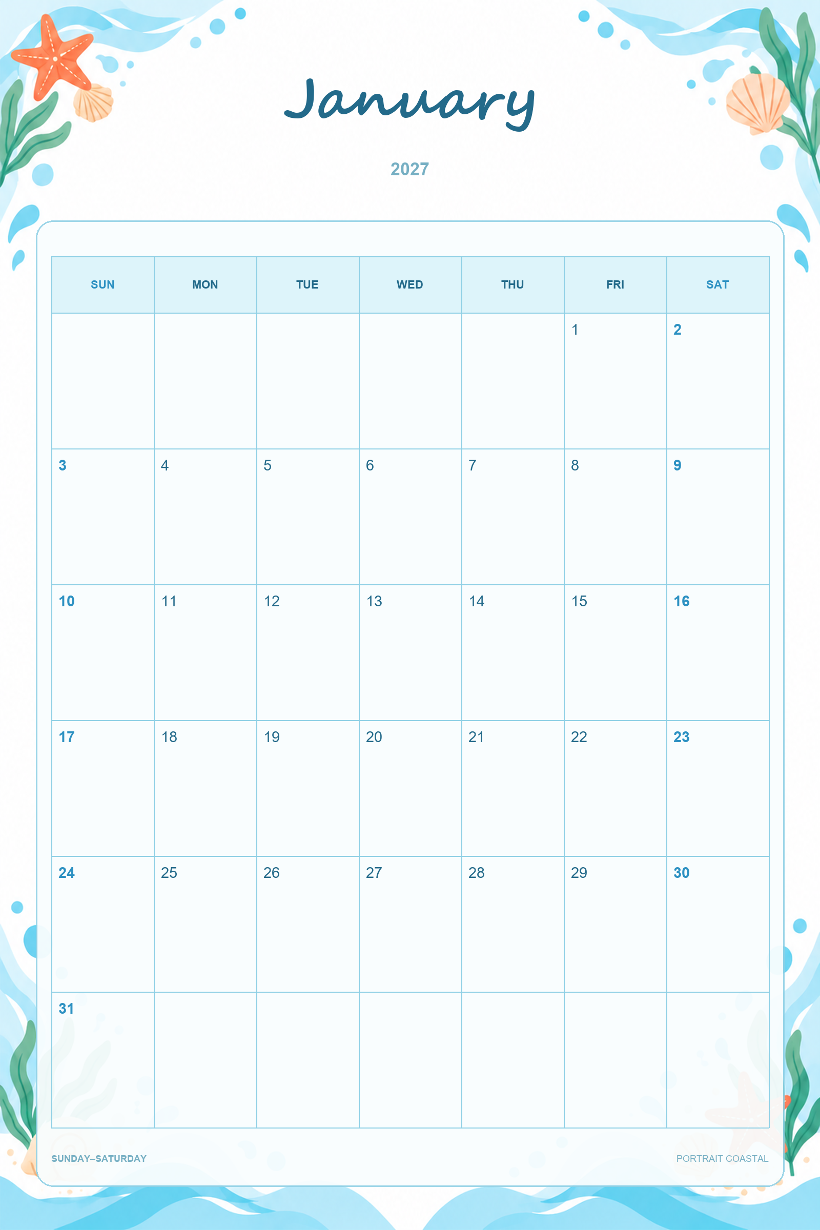 Calendrier de janvier 2027 à imprimer : Ambiance côtière en portrait