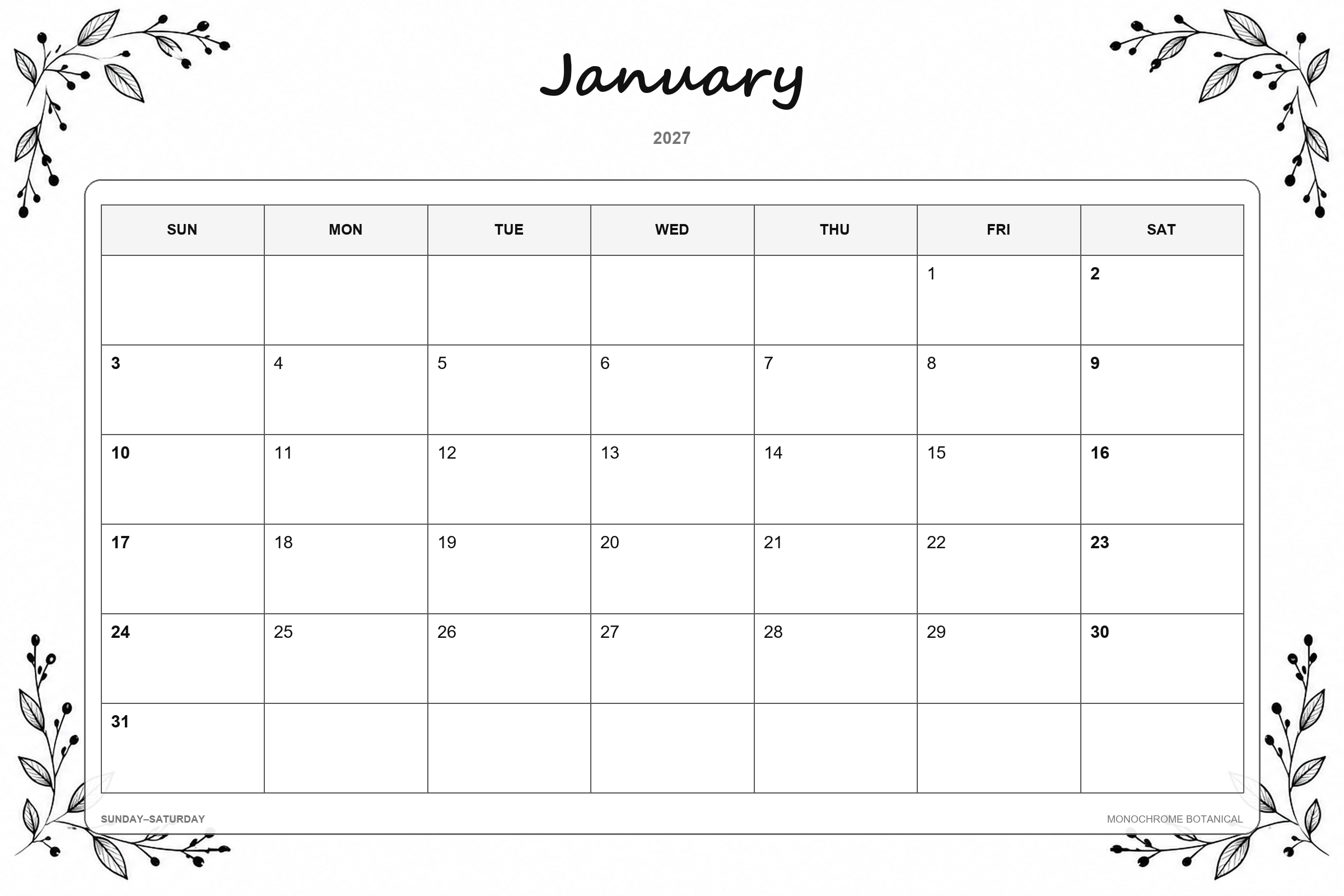 Calendrier de janvier 2027 à imprimer : Botanique monochrome