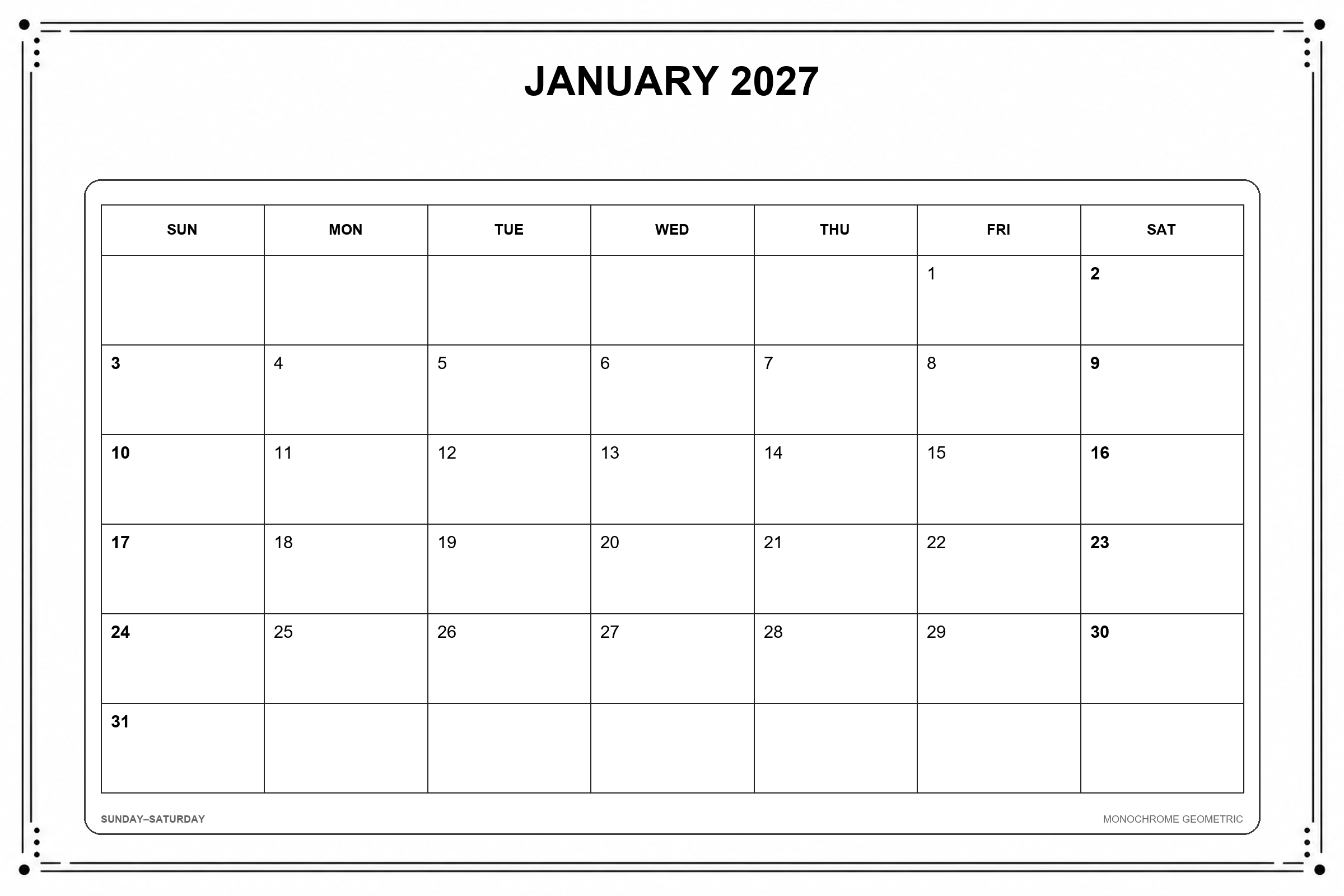 Calendrier de janvier 2027 à imprimer : Géométrie monochrome