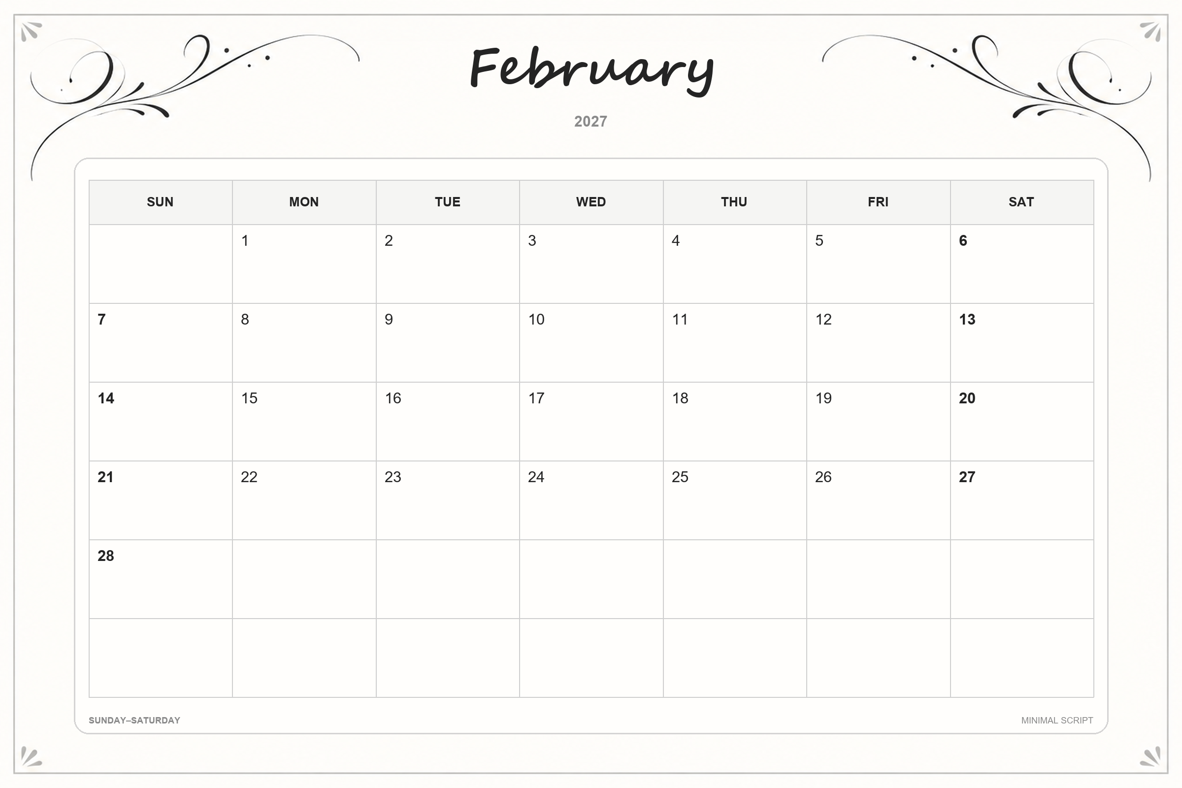 Calendrier de février 2027 à imprimer : Écriture minimaliste