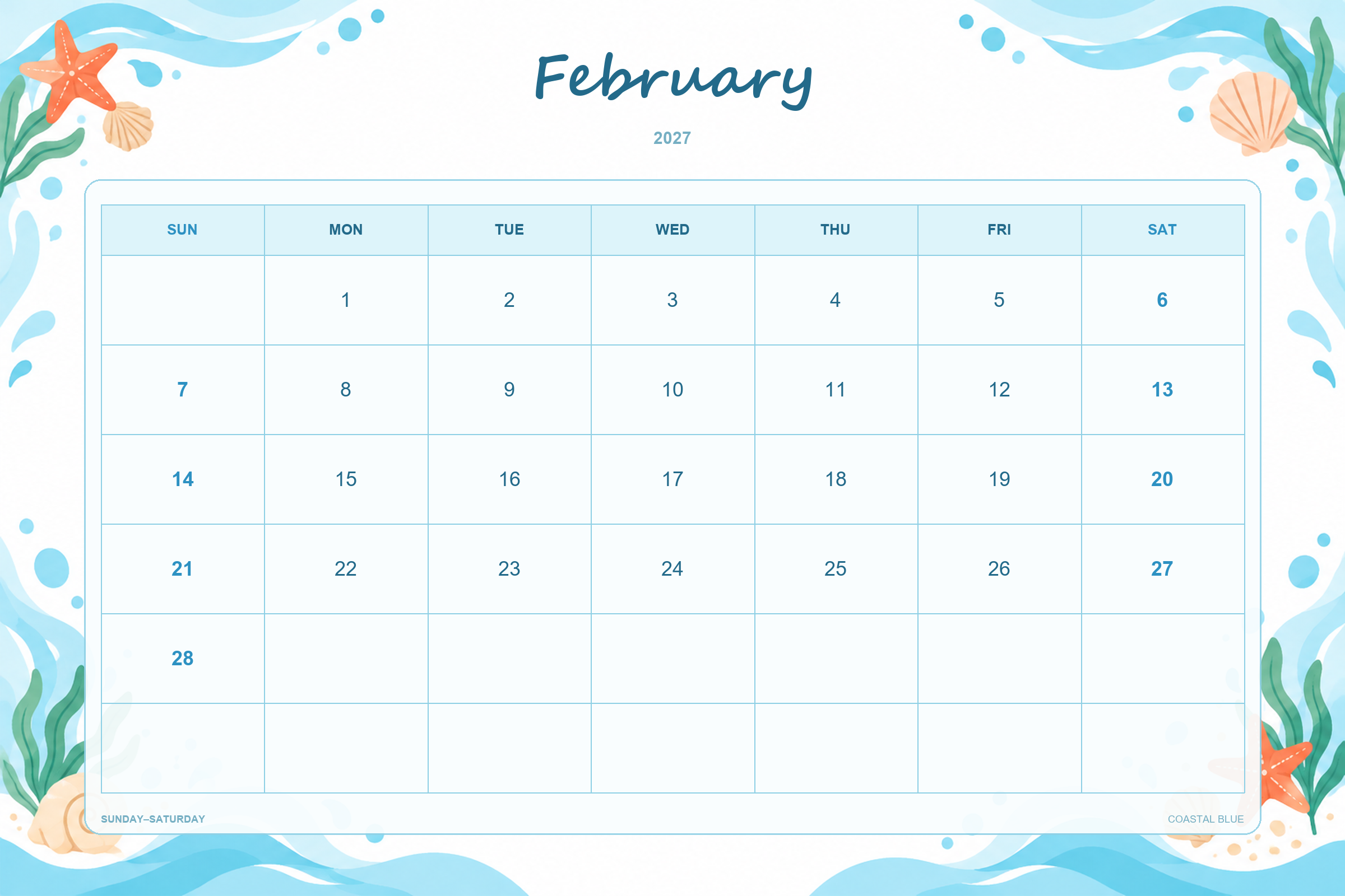 Calendrier de février 2027 à imprimer : Bleu côtier