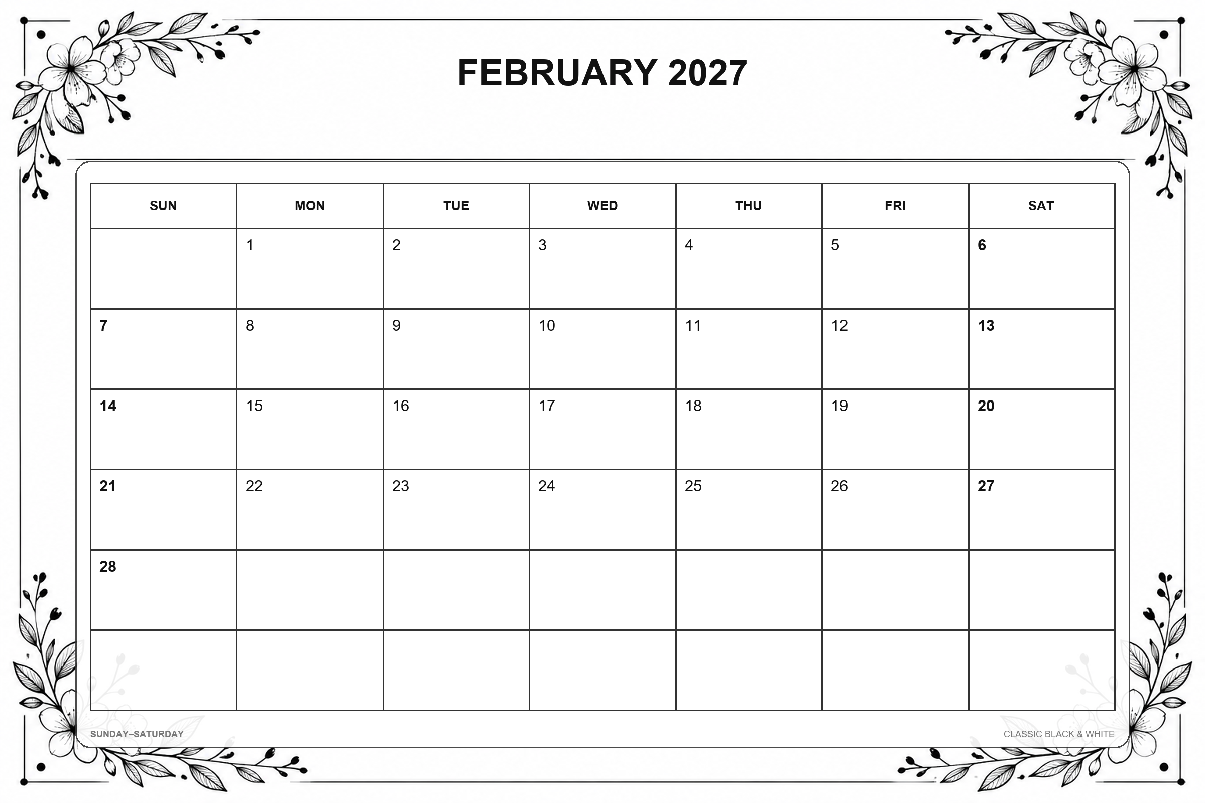 Calendrier de février 2027 à imprimer : Noir et blanc classique