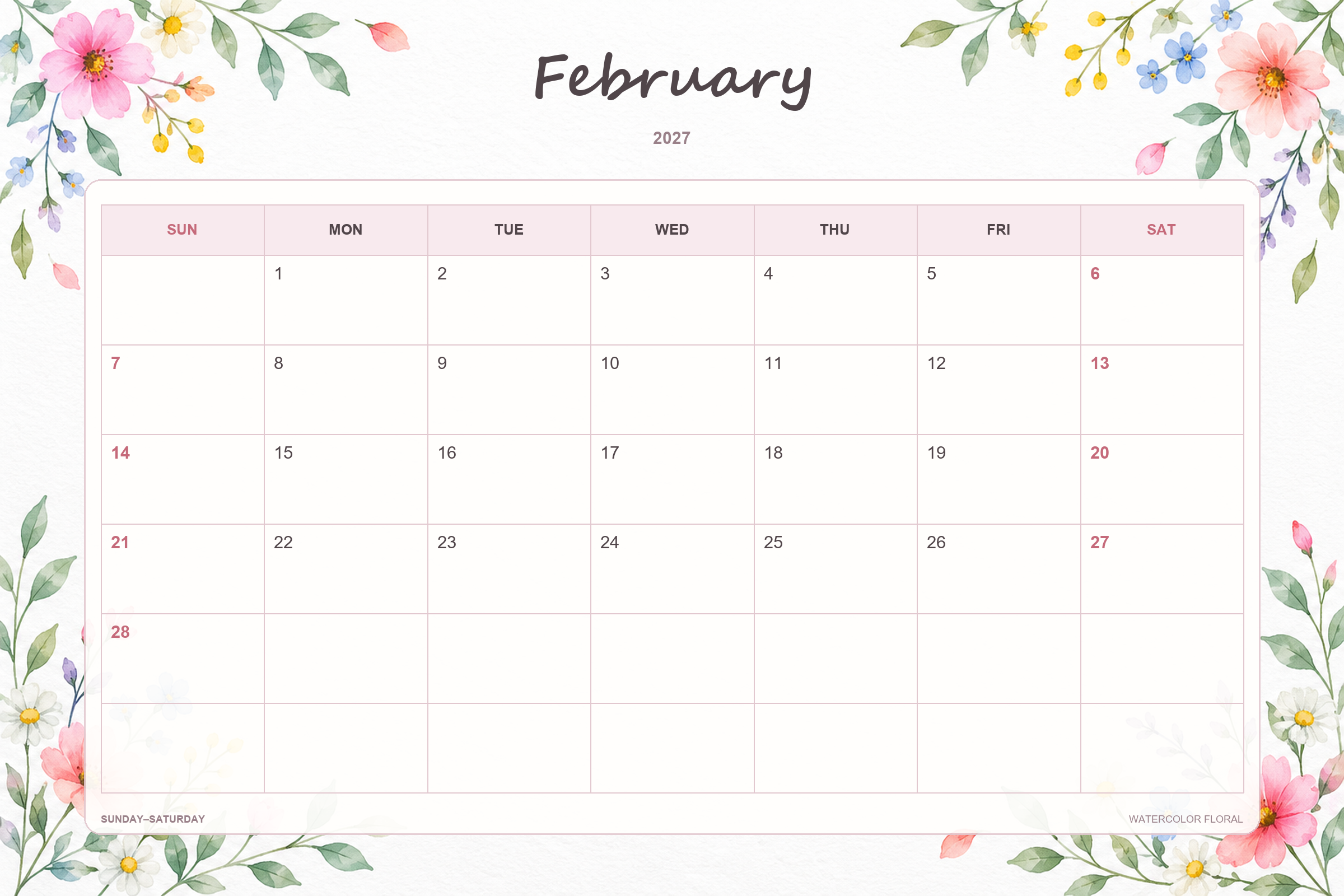 Calendrier de février 2027 à imprimer : Fleurs à l’aquarelle