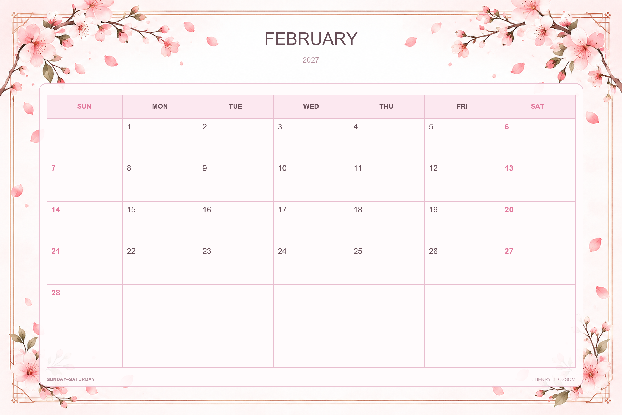 Calendrier de février 2027 à imprimer : Fleurs de cerisier