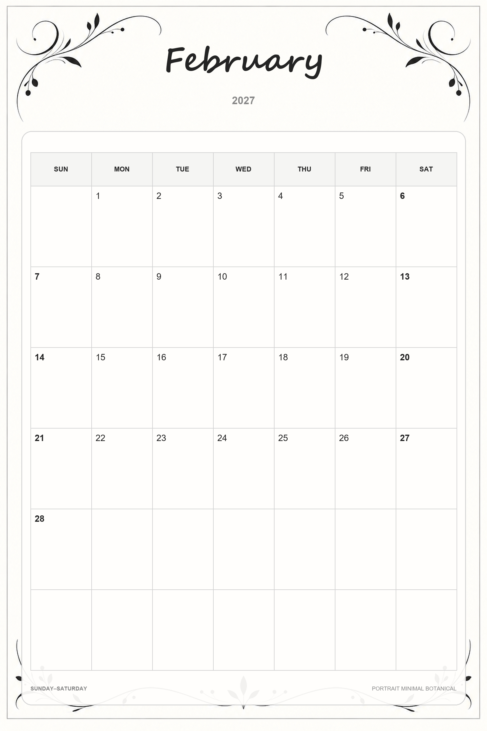 Calendrier de février 2027 à imprimer : Botanique minimaliste en portrait