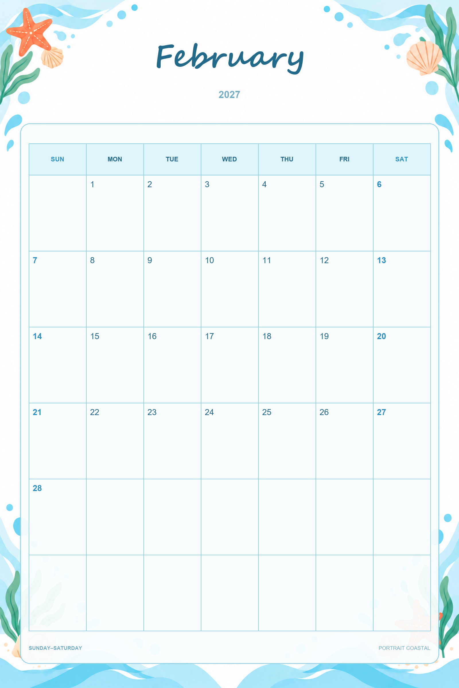 Calendrier de février 2027 à imprimer : Ambiance côtière en portrait