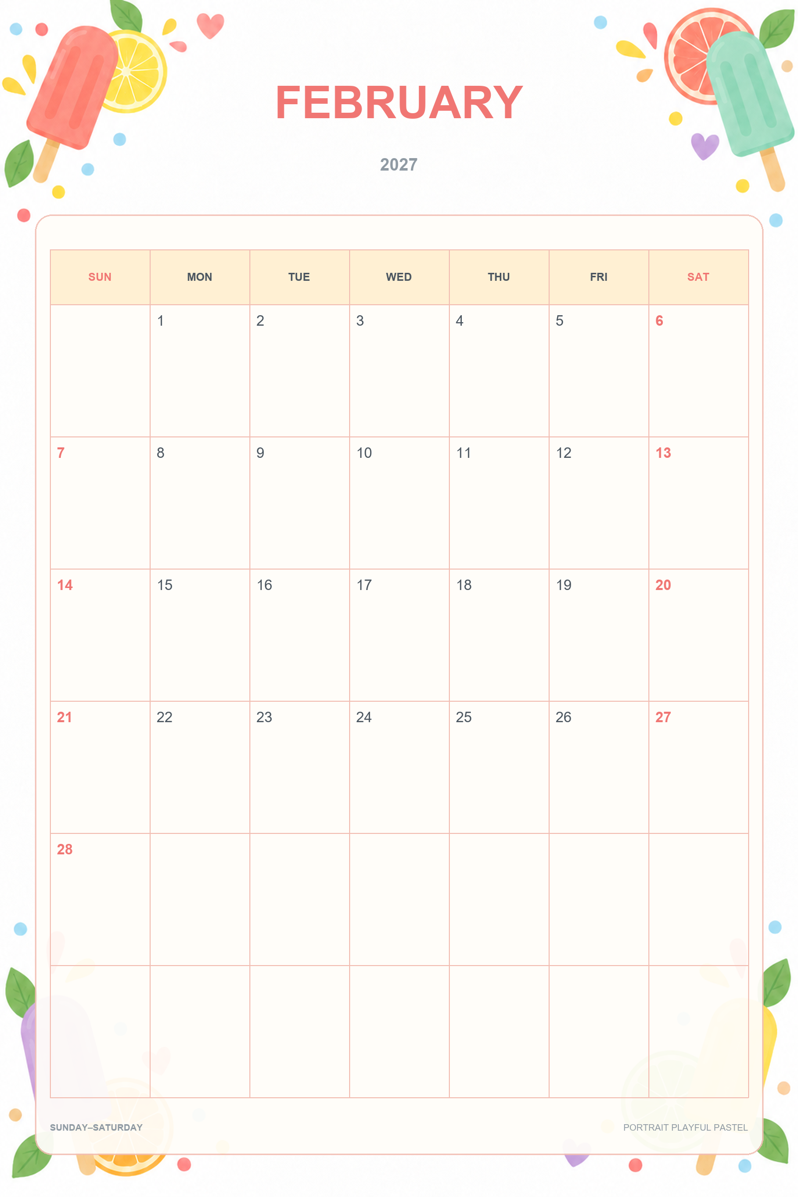 Calendrier de février 2027 à imprimer : Pastels ludiques en portrait