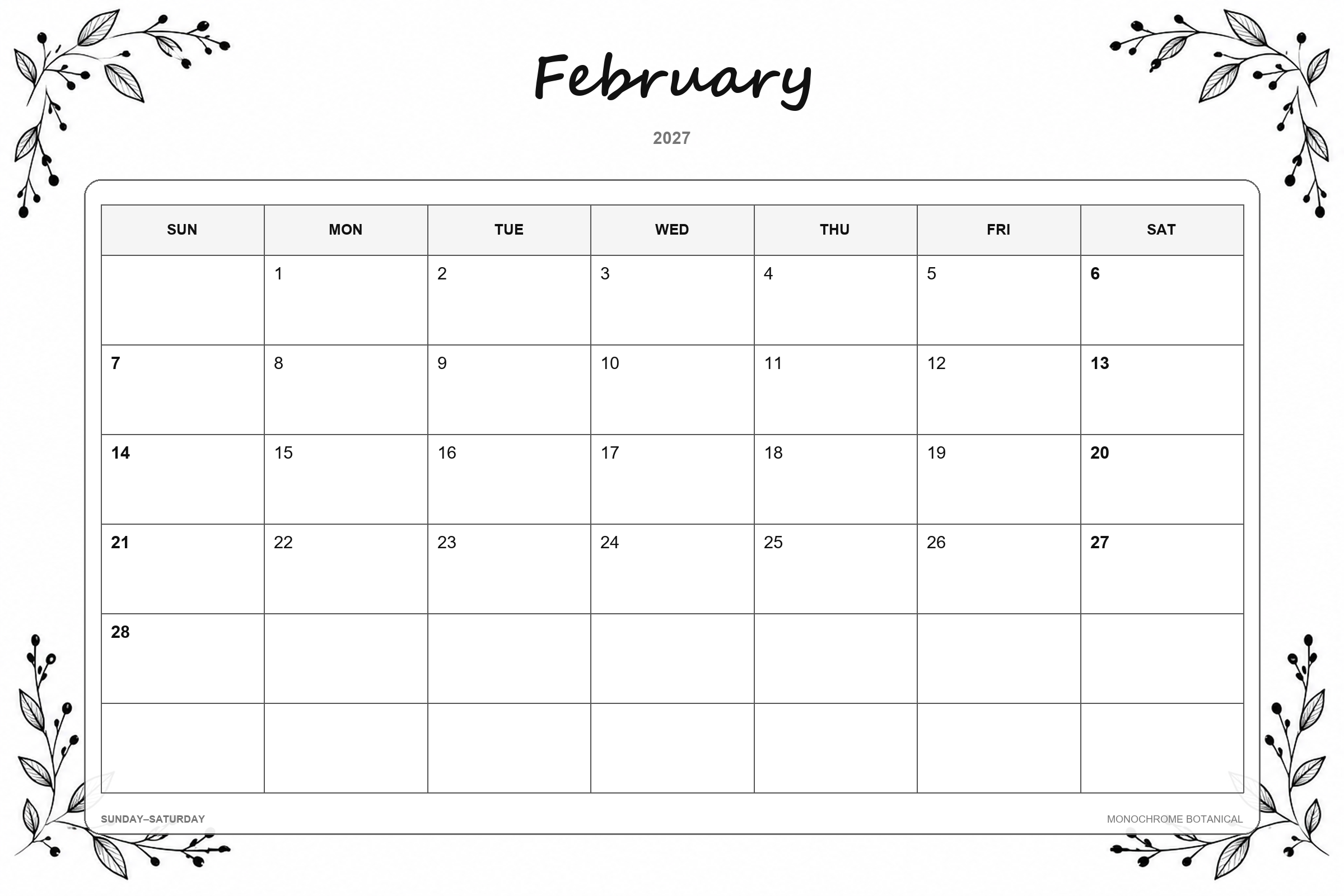 Calendrier de février 2027 à imprimer : Botanique monochrome
