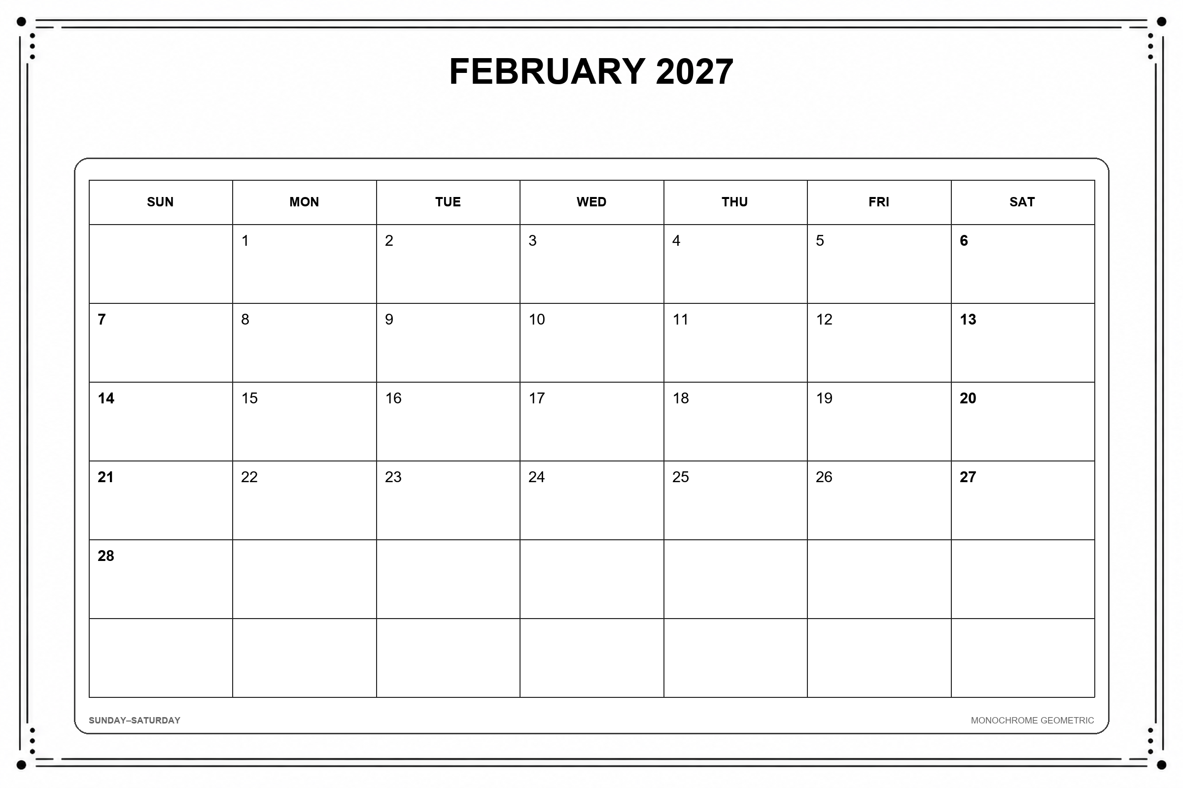 Calendrier de février 2027 à imprimer : Géométrie monochrome