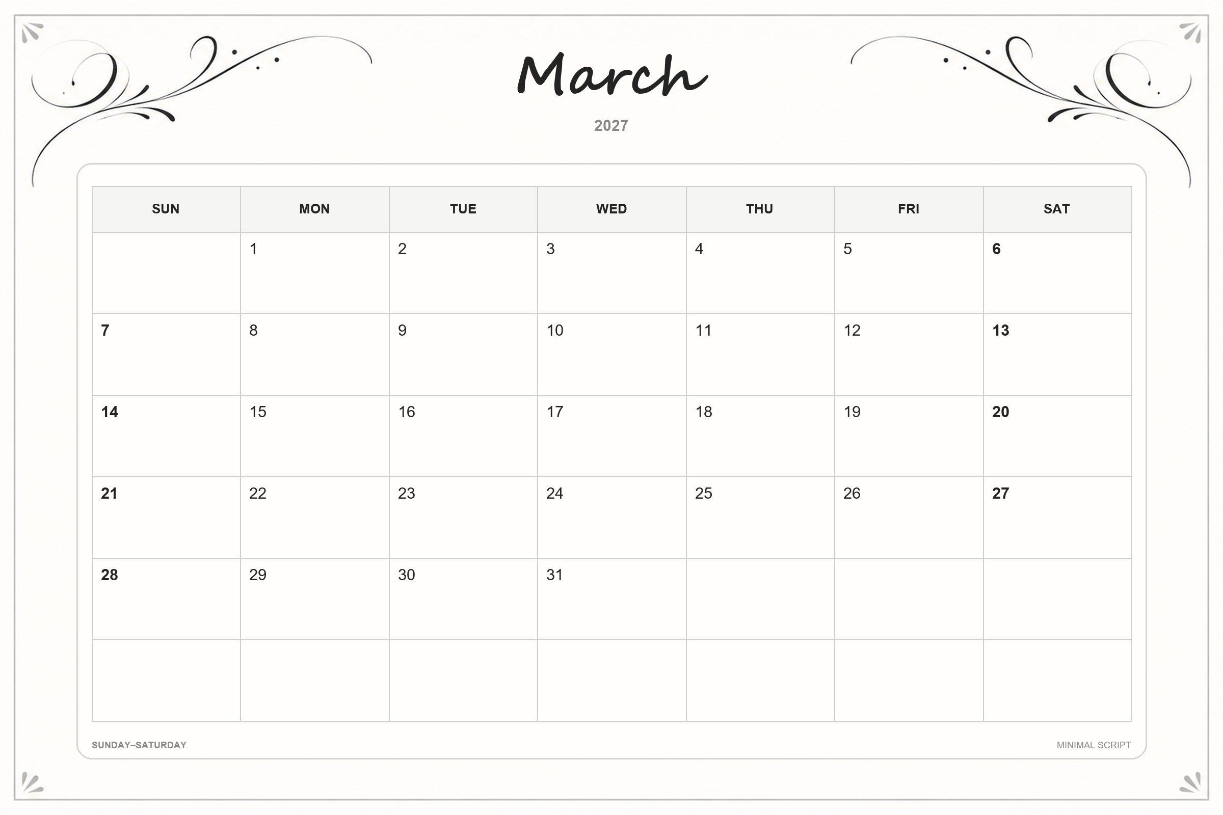Minimal Script printable March 2027 calendar template
