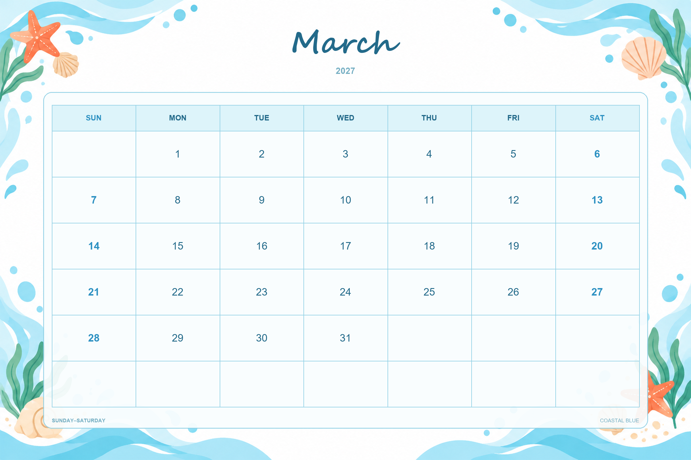 Coastal Blue printable March 2027 calendar template