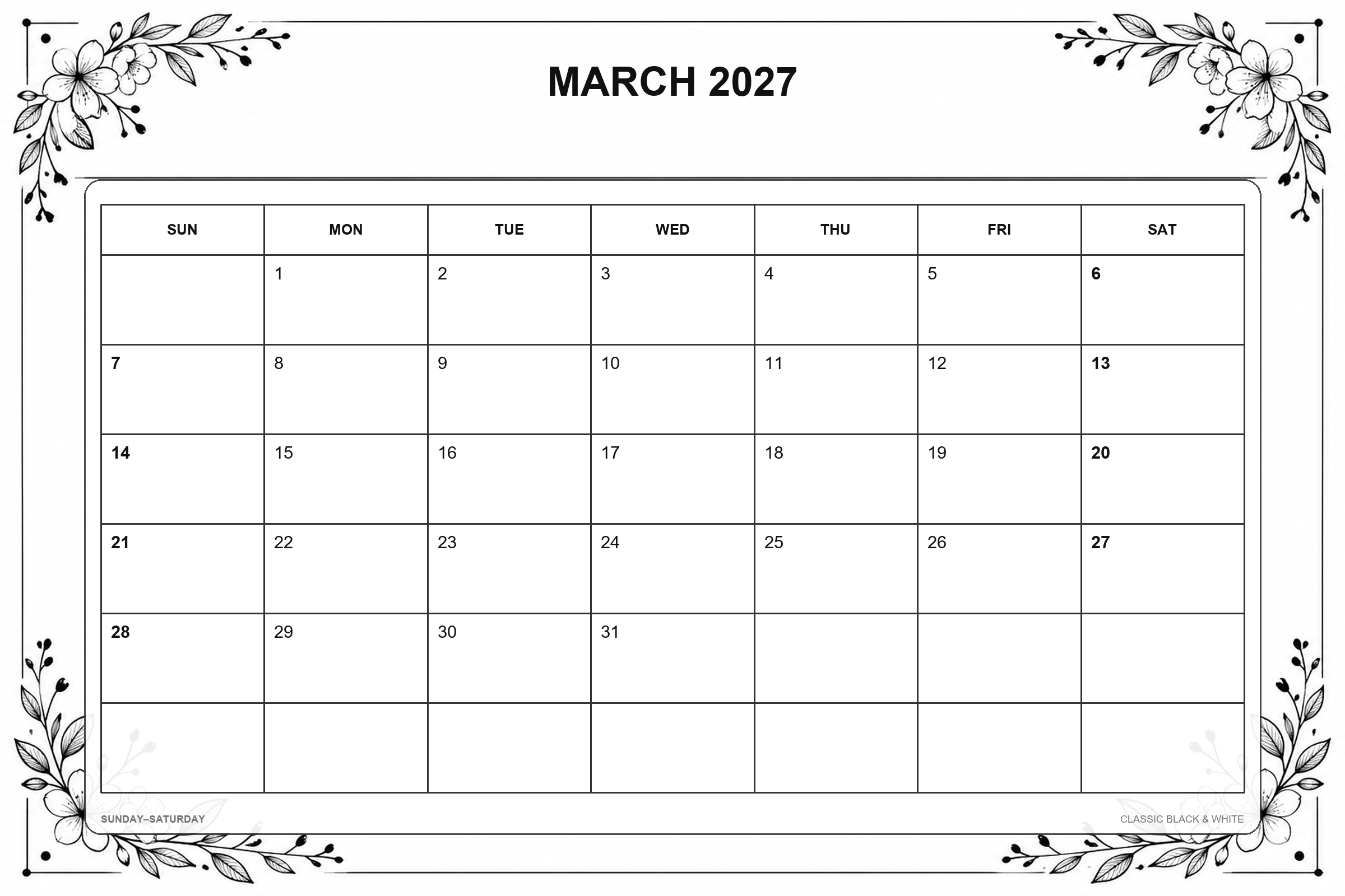 Classic Black White printable March 2027 calendar template