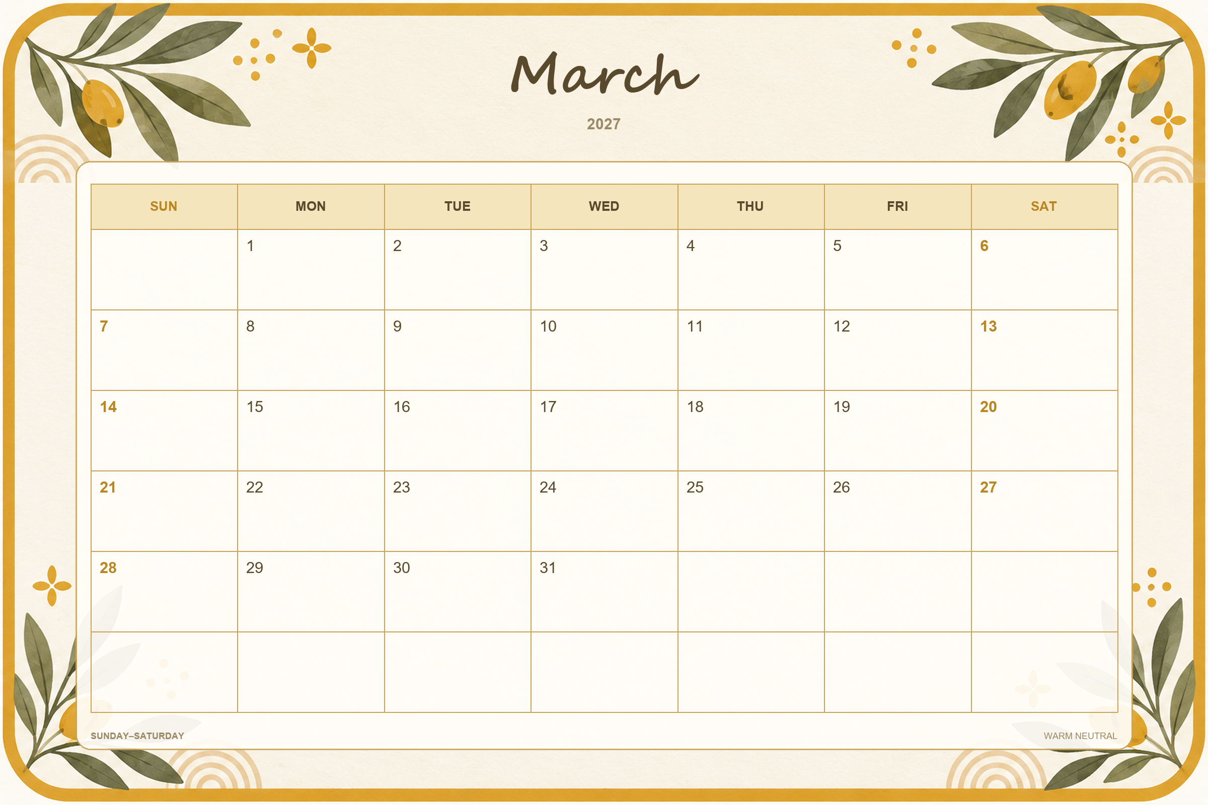 Warm Neutral printable March 2027 calendar template
