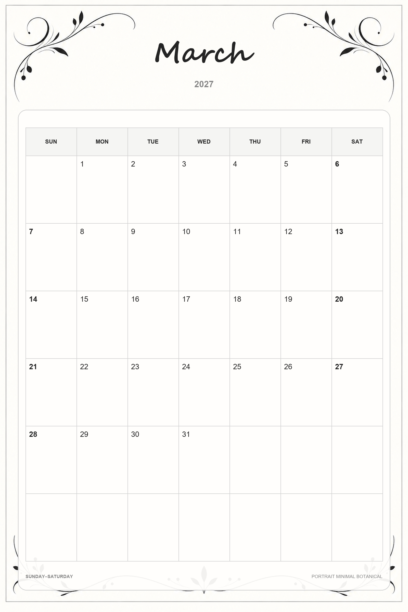 Portrait Minimal Botanical printable March 2027 calendar template