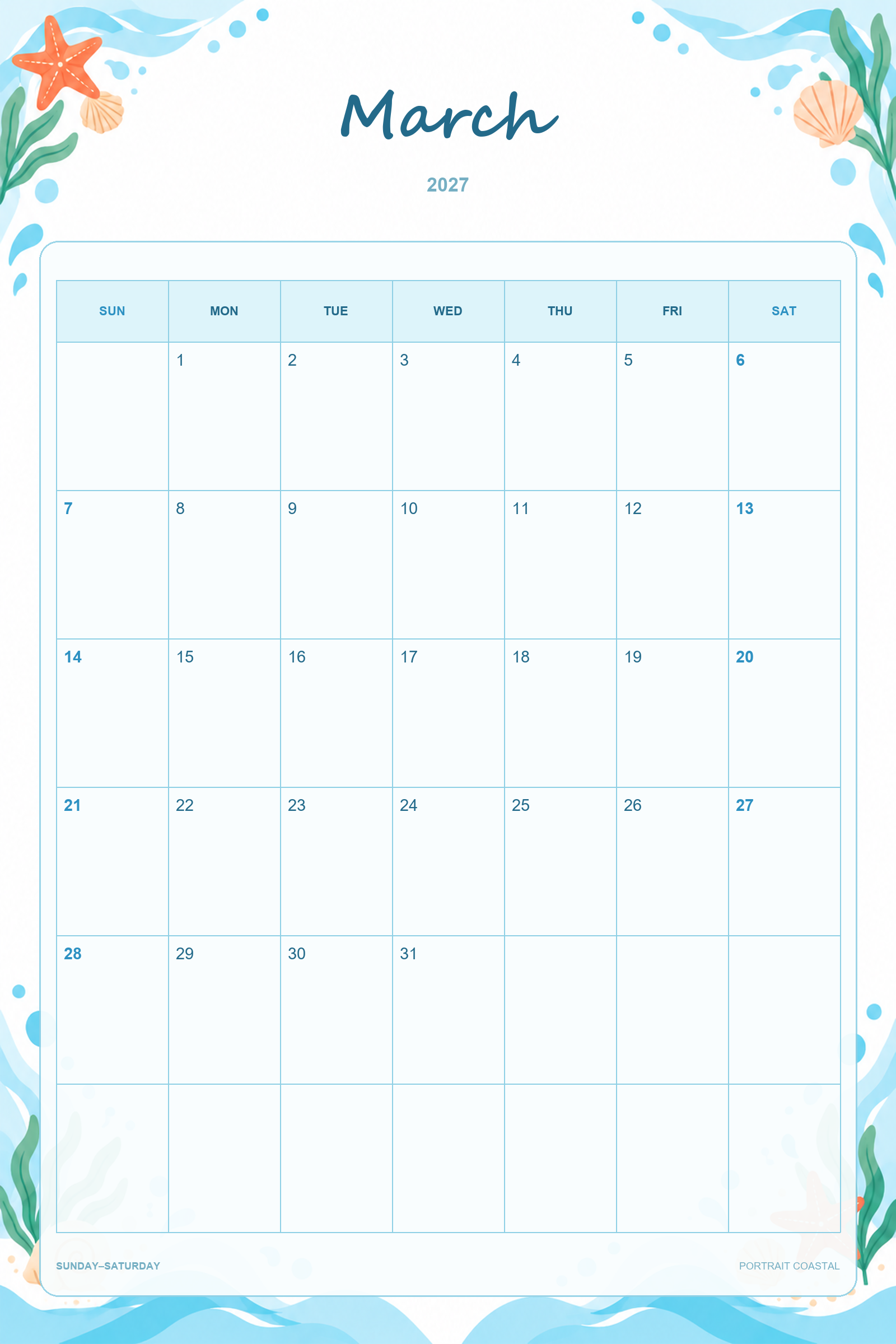 Portrait Coastal printable March 2027 calendar template