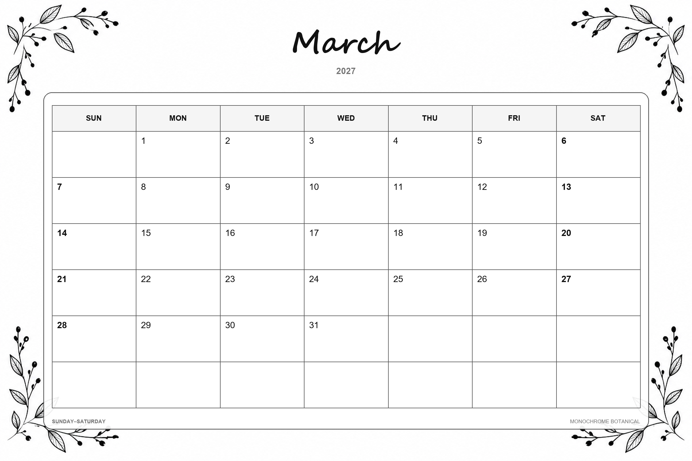 Monochrome Botanical printable March 2027 calendar template