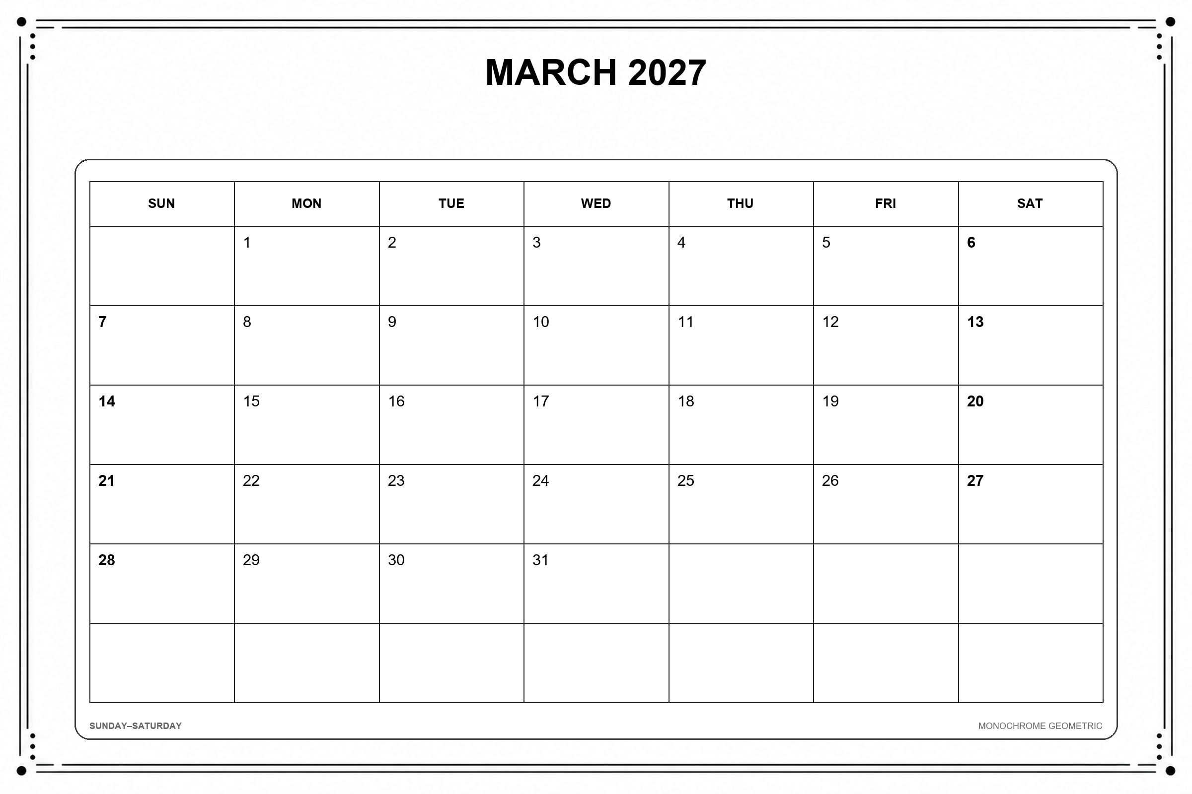 Monochrome Geometric printable March 2027 calendar template