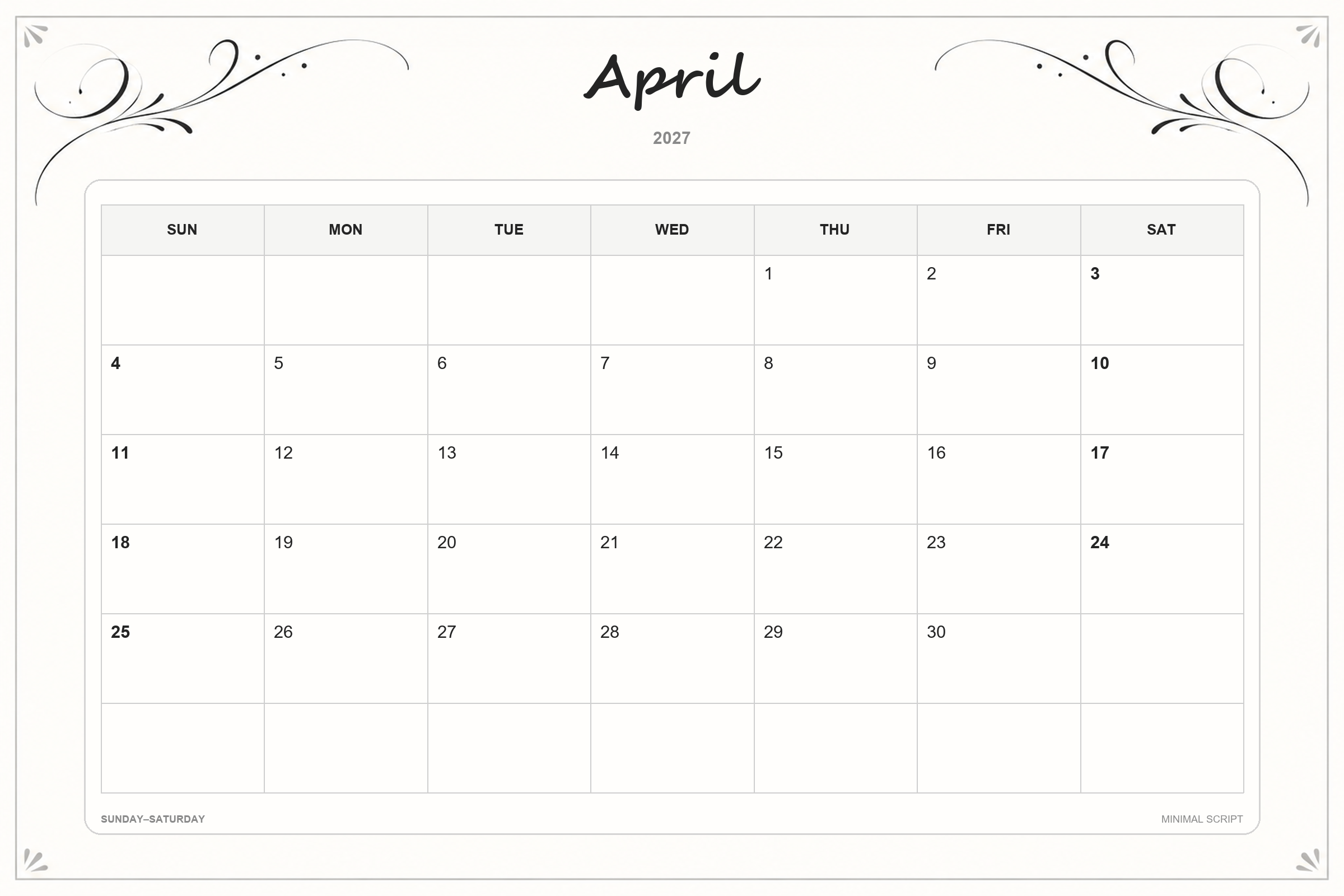Kalender für April 2027 zum Ausdrucken: Minimalistische Schrift