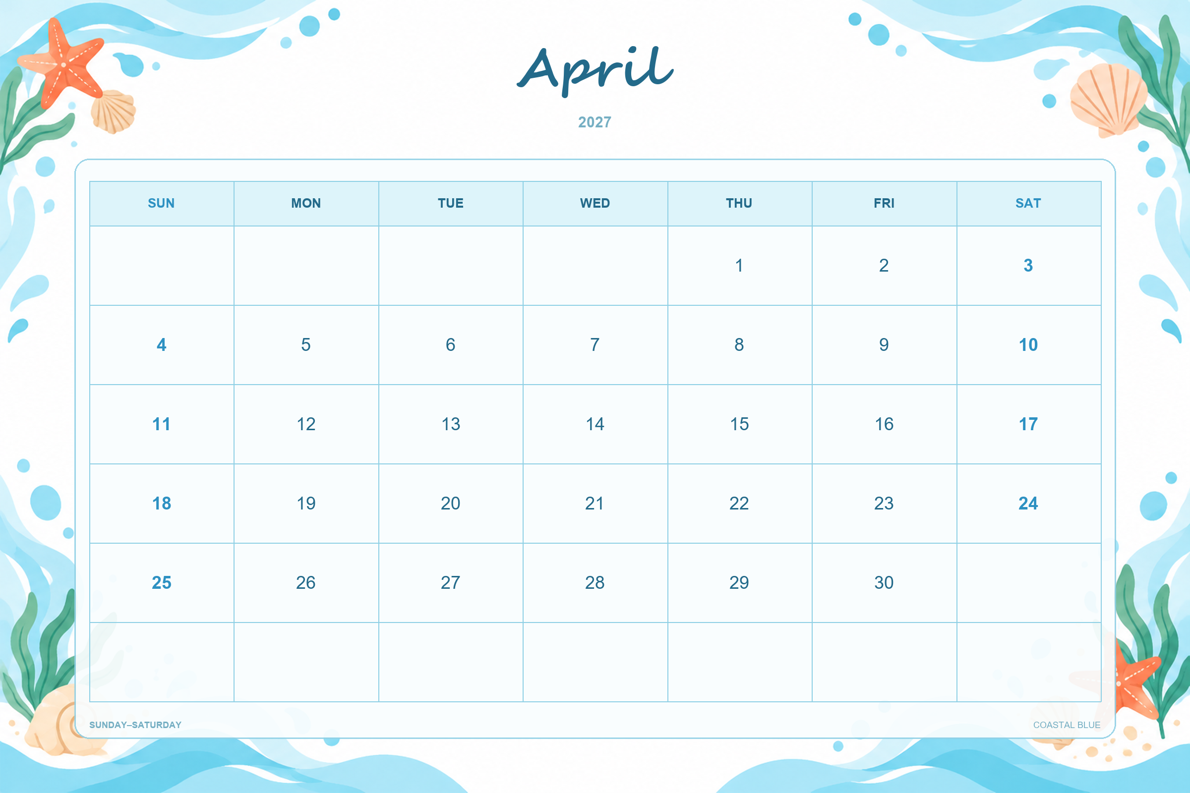 Kalender für April 2027 zum Ausdrucken: Küstenblau
