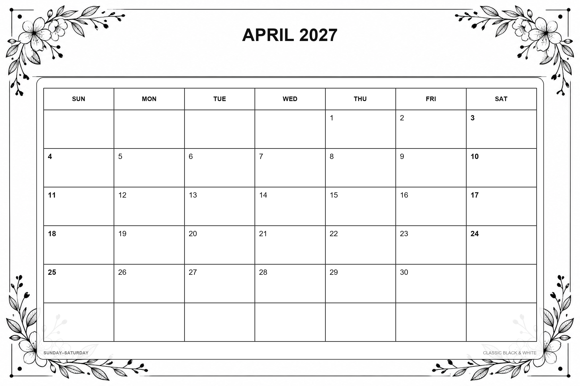 Kalender für April 2027 zum Ausdrucken: Klassisches Schwarz-Weiß