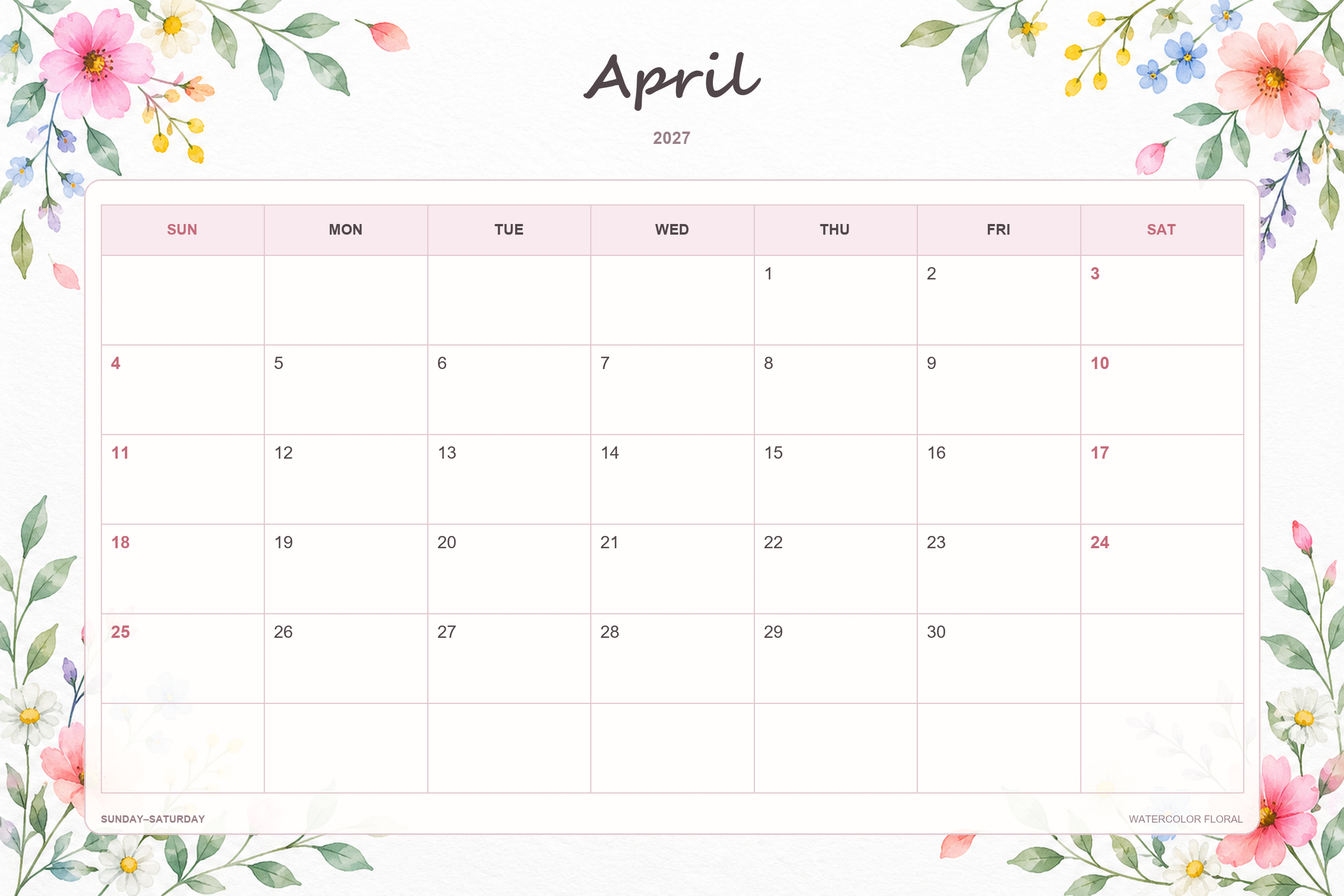 Kalender für April 2027 zum Ausdrucken: Aquarellblumen