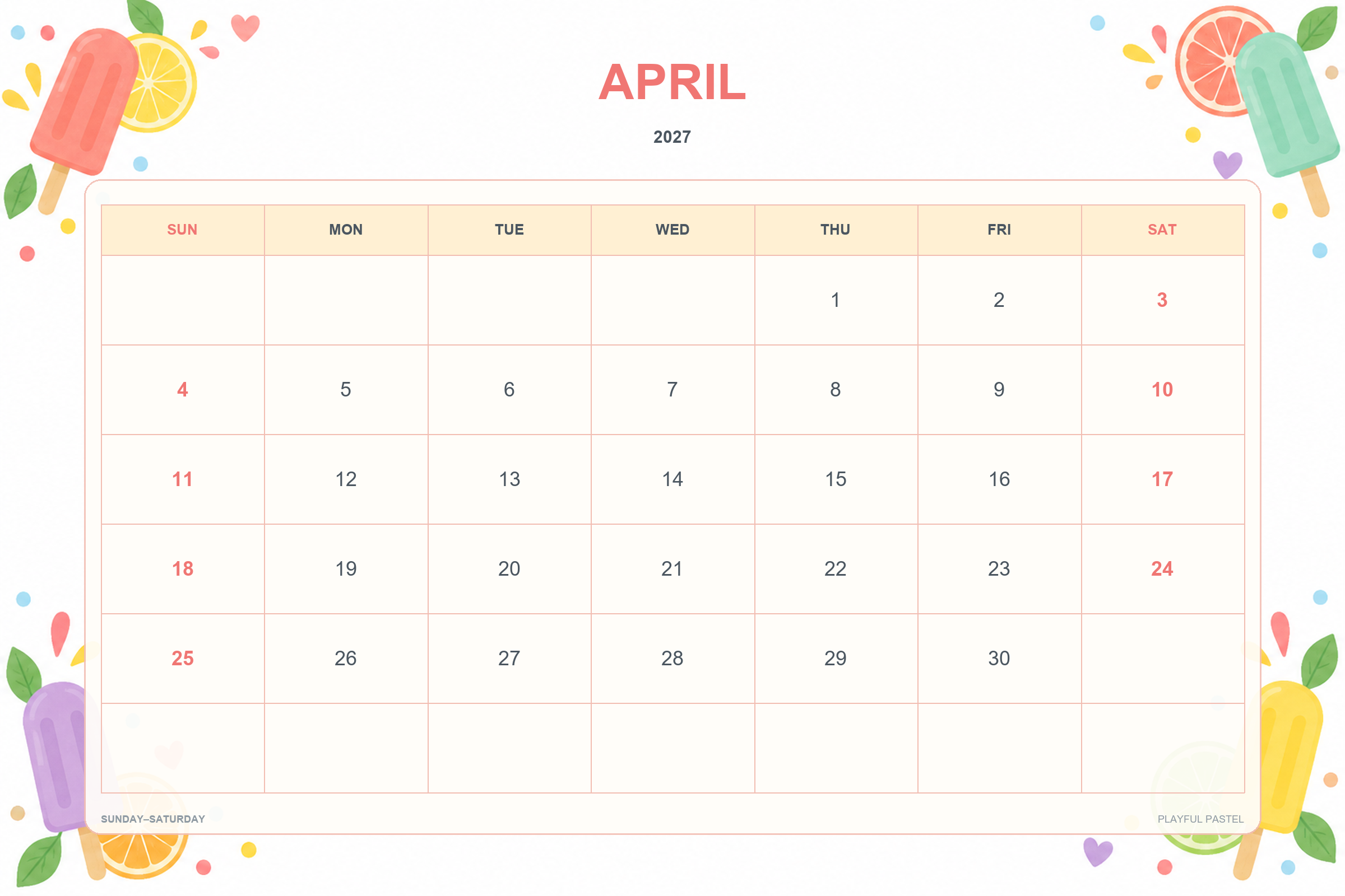 Kalender für April 2027 zum Ausdrucken: Verspielte Pastelltöne