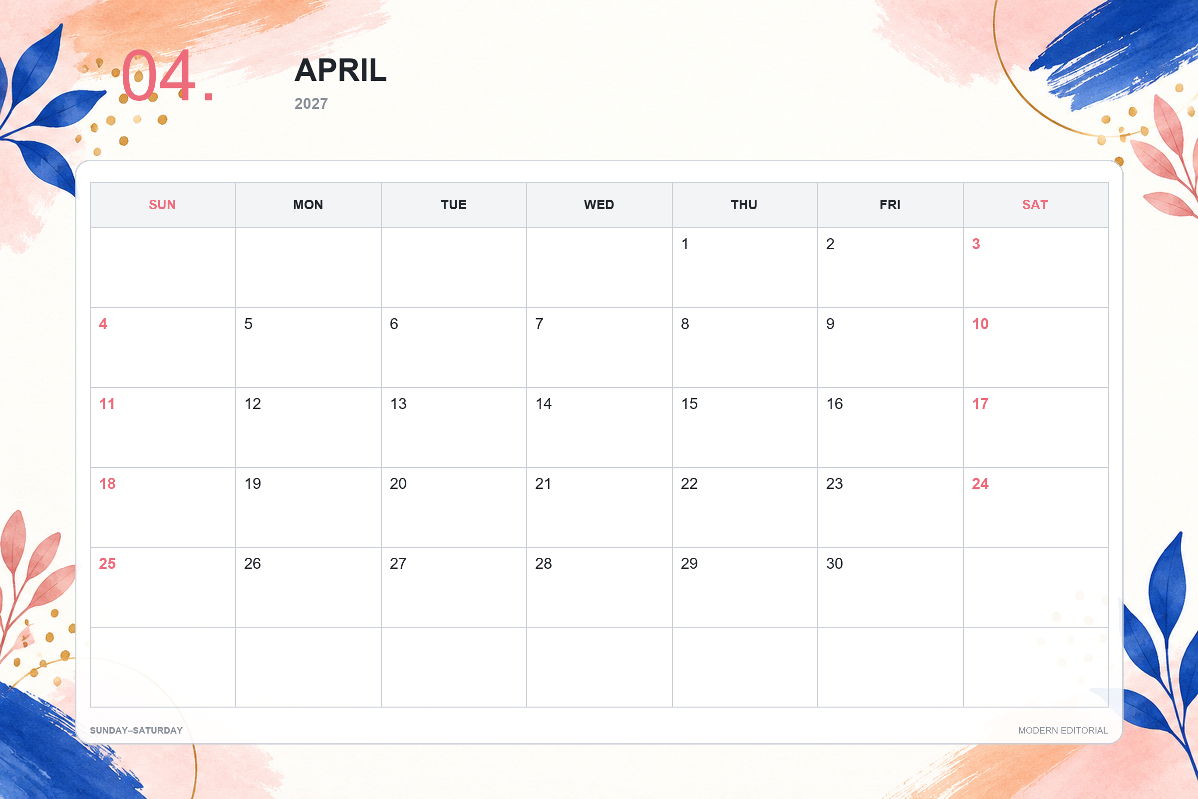 Kalender für April 2027 zum Ausdrucken: Modernes Editorial-Design
