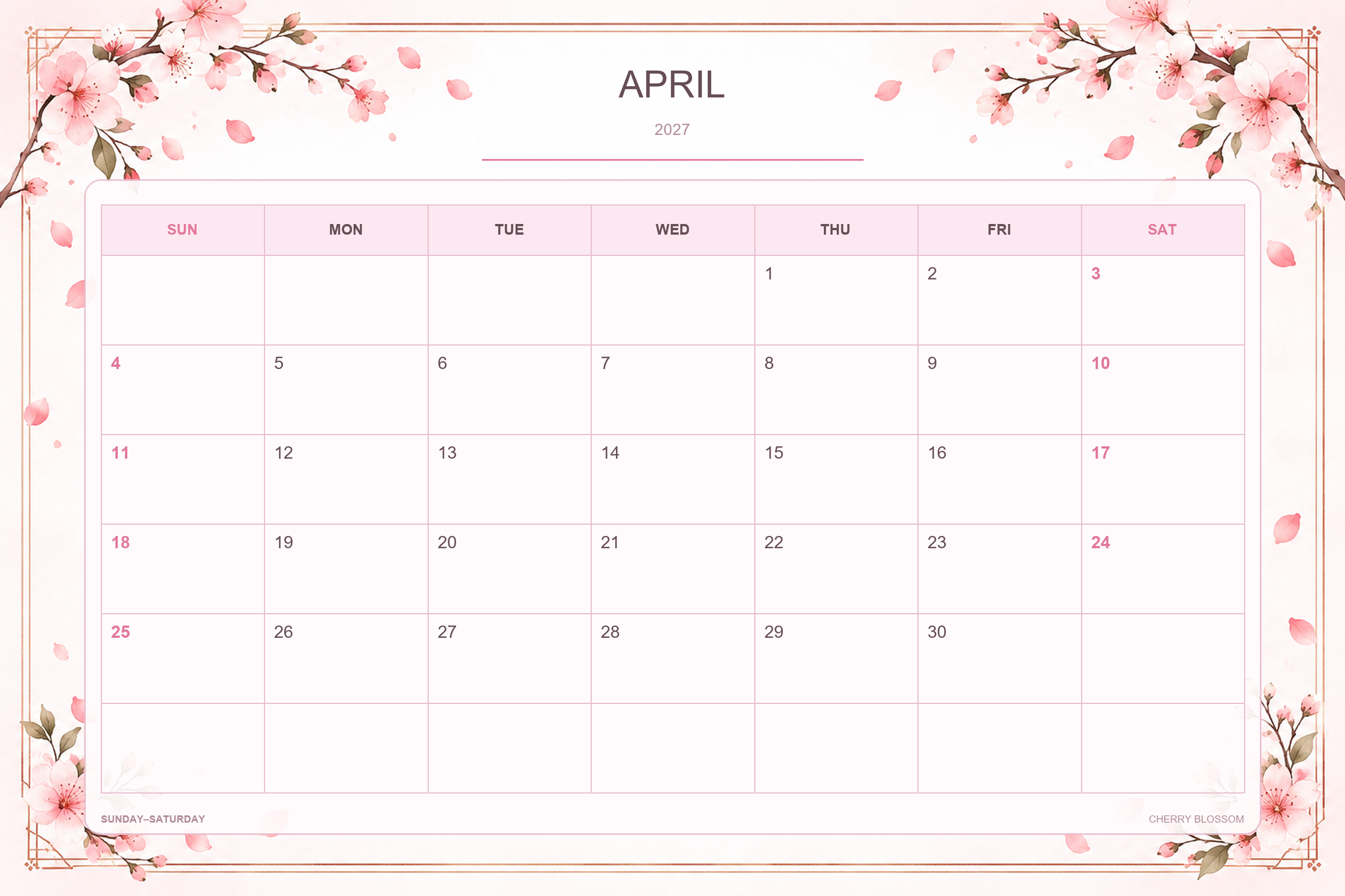 Kalender für April 2027 zum Ausdrucken: Kirschblüten